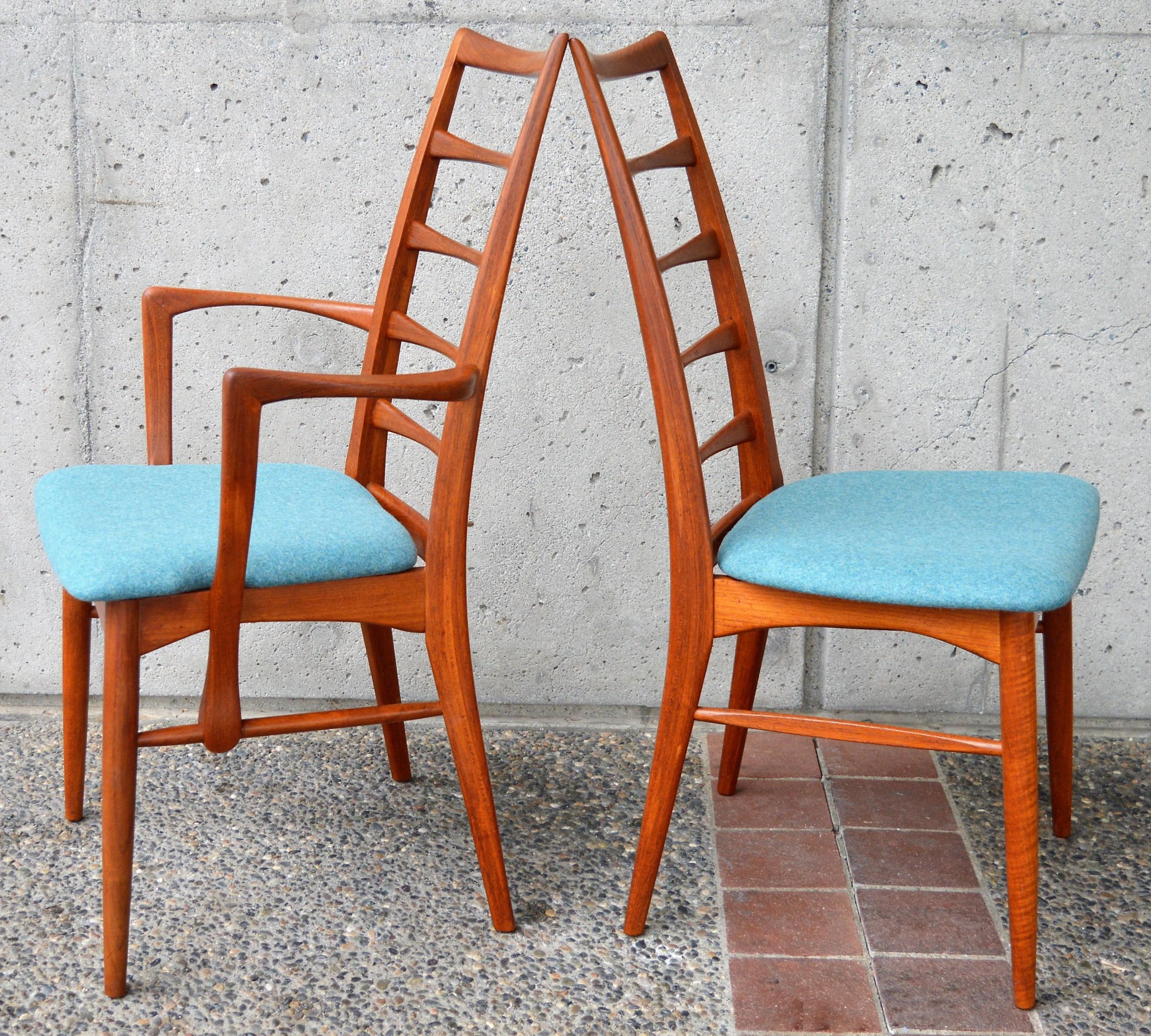 6 Danish Teak Liz Dining Chairs by Koefoeds Hornslet, 2 Armchairs, Blue Wool In Good Condition In New Westminster, British Columbia