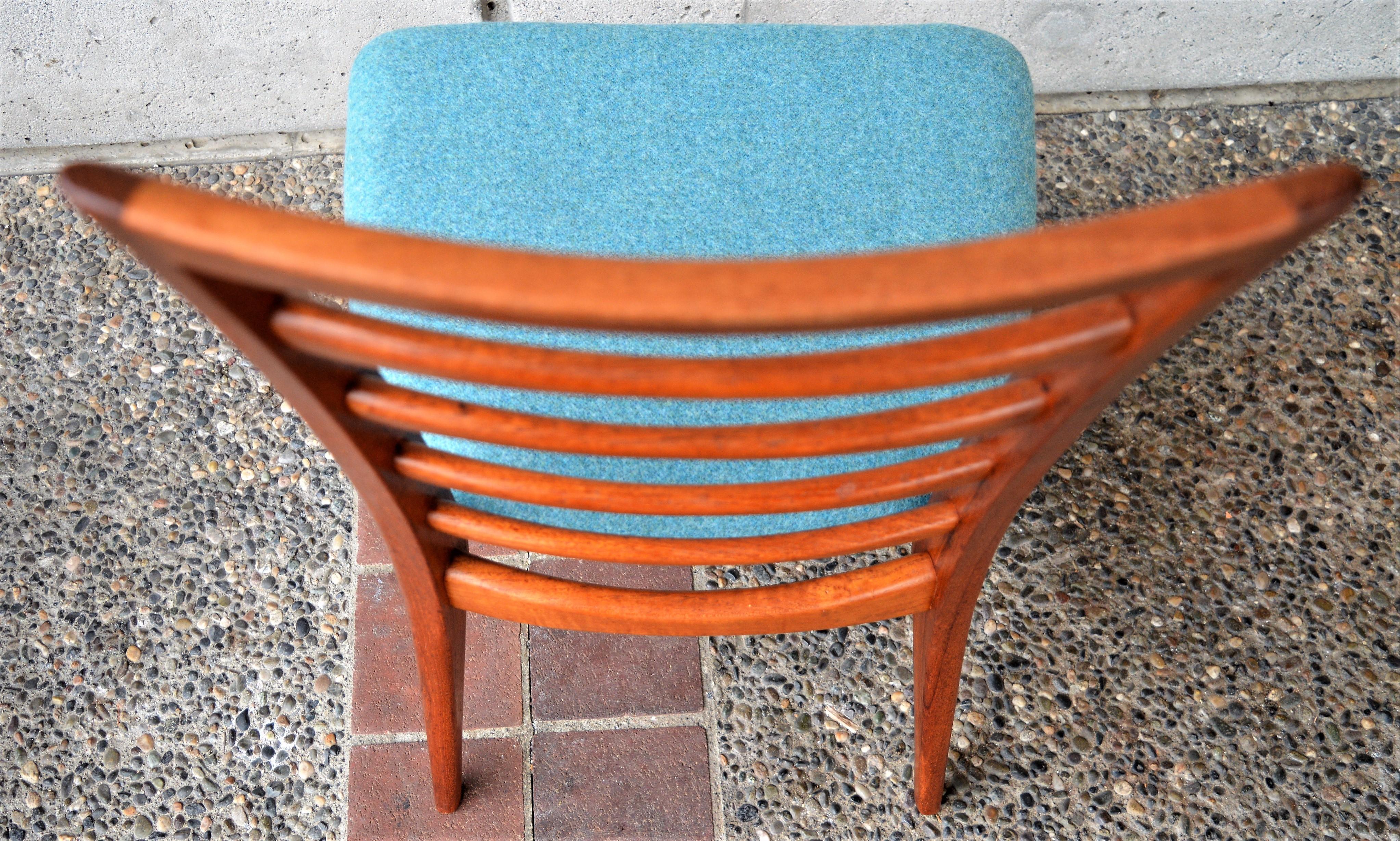 Upholstery 6 Danish Teak Liz Dining Chairs by Koefoeds Hornslet, 2 Armchairs, Blue Wool