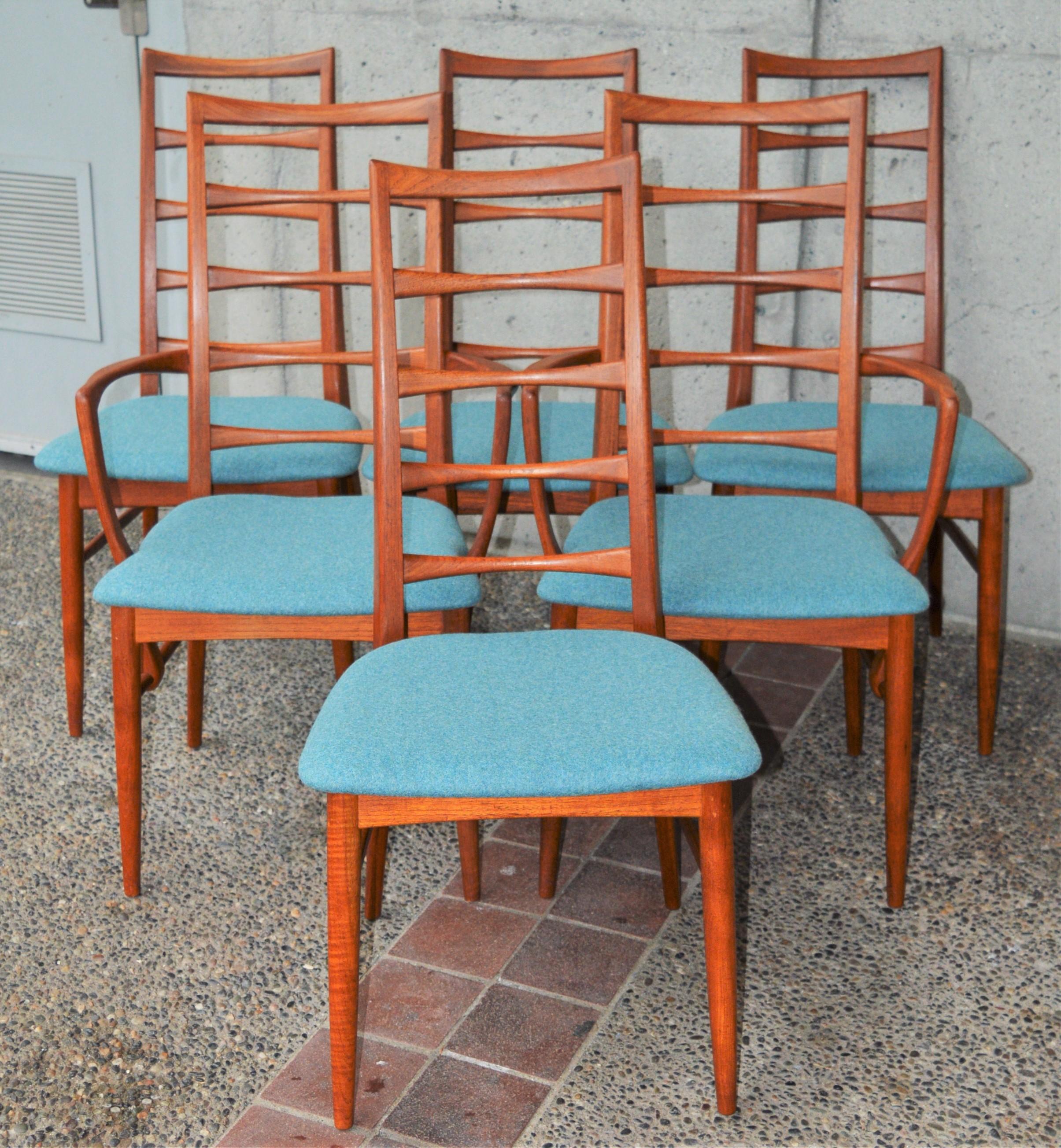 6 Danish Teak Liz Dining Chairs by Koefoeds Hornslet, 2 Armchairs, Blue Wool 1