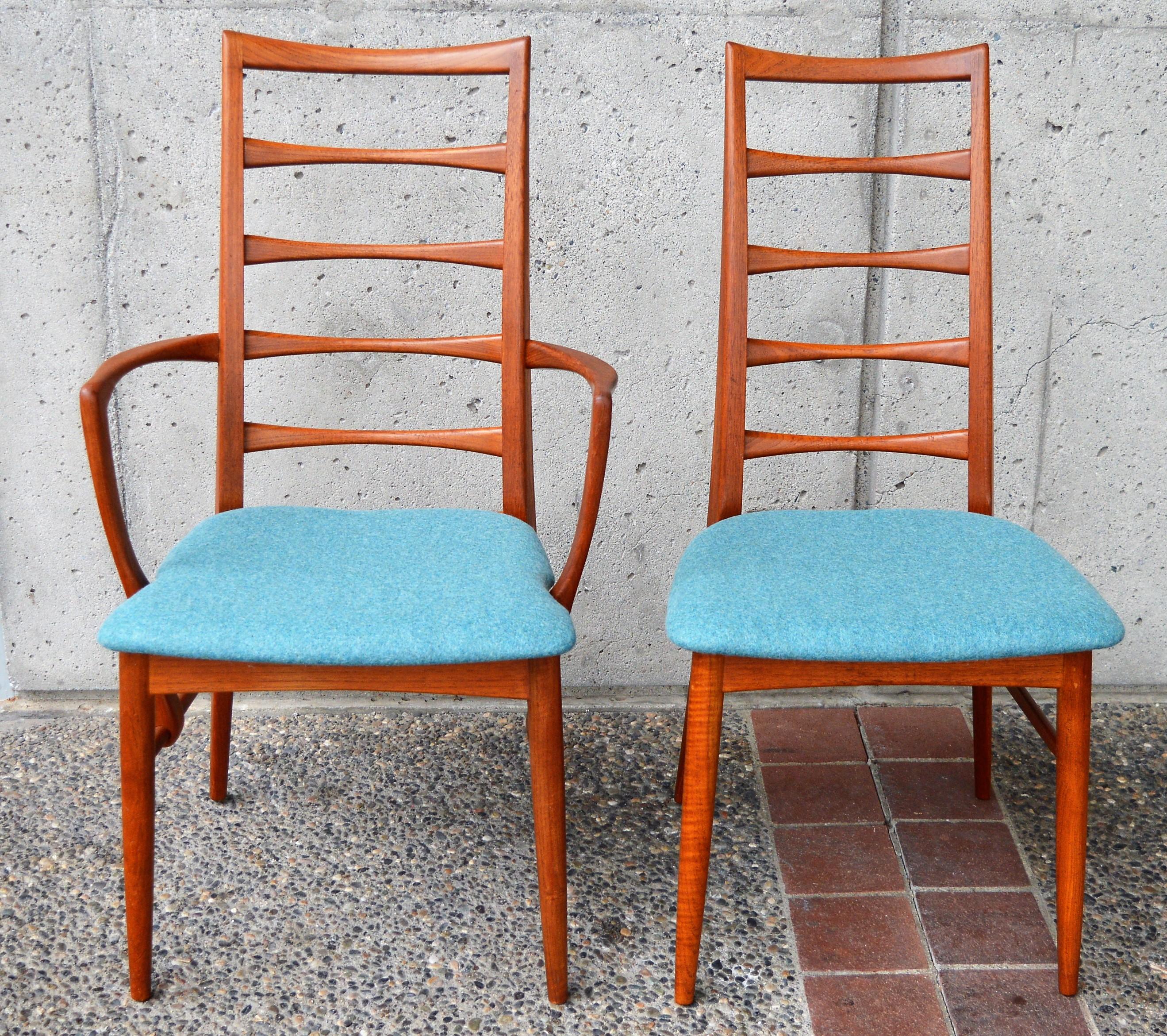 6 Danish Teak Liz Dining Chairs by Koefoeds Hornslet, 2 Armchairs, Blue Wool 2