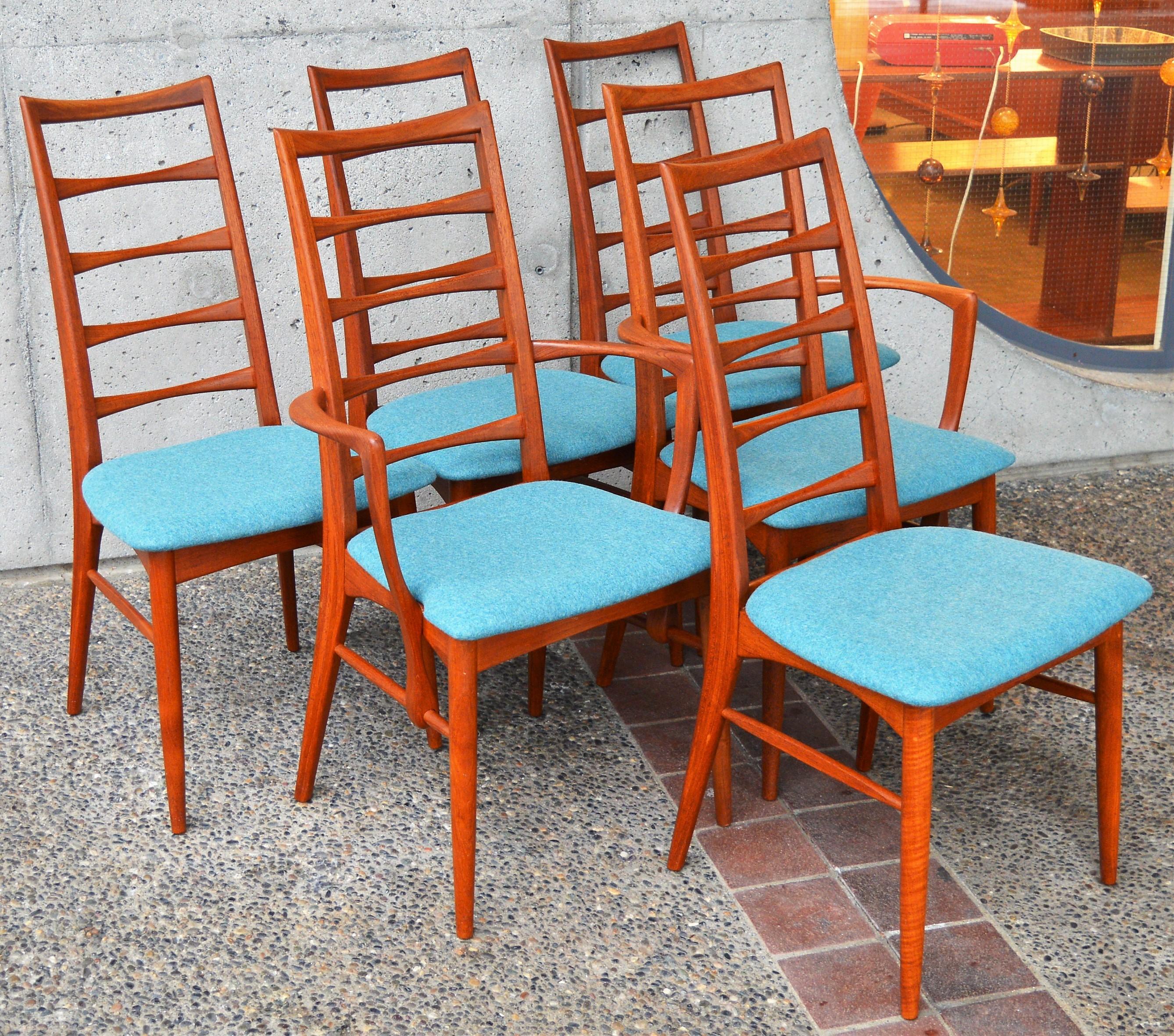 6 Danish Teak Liz Dining Chairs by Koefoeds Hornslet, 2 Armchairs, Blue Wool 3