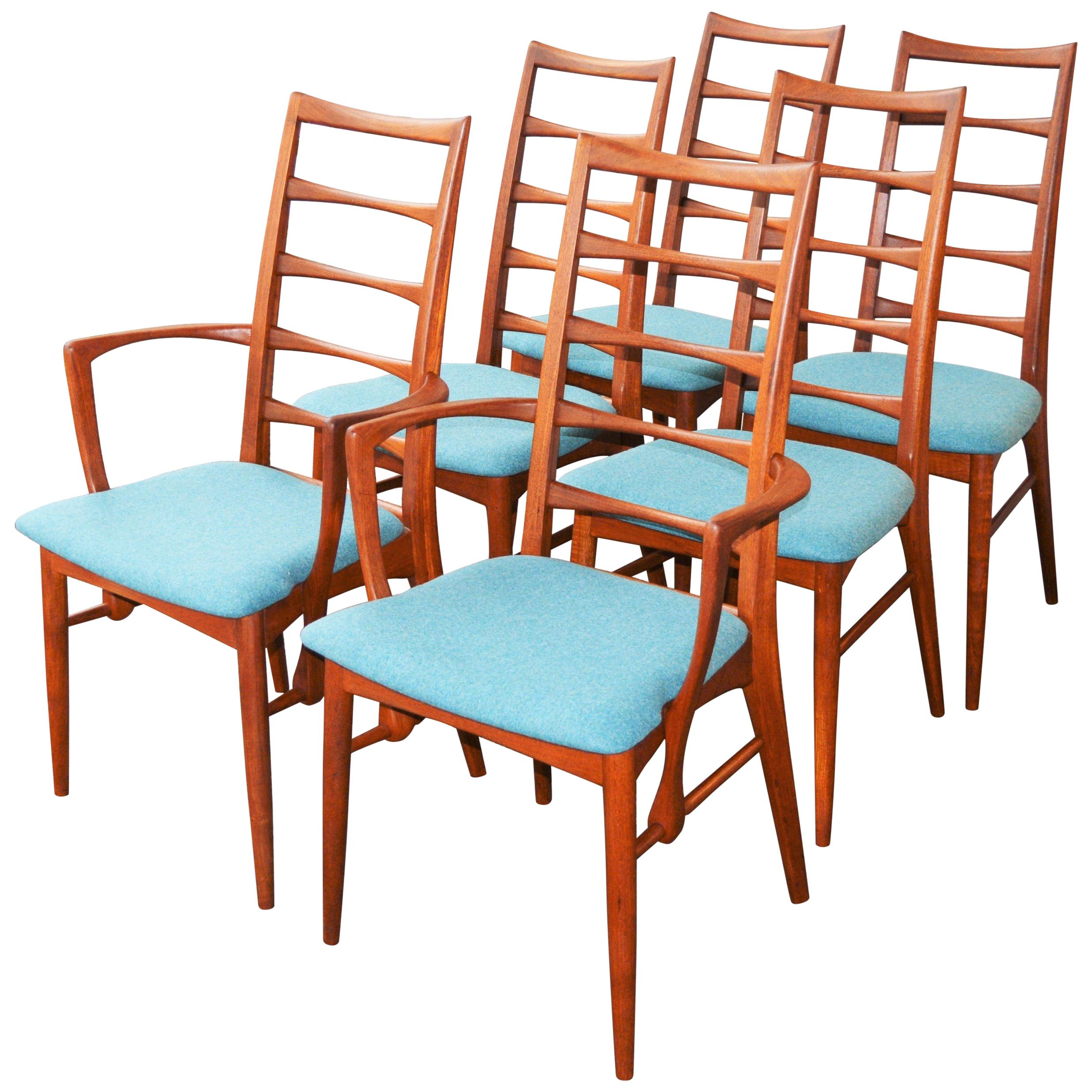 6 Danish Teak Liz Dining Chairs by Koefoeds Hornslet, 2 Armchairs, Blue Wool