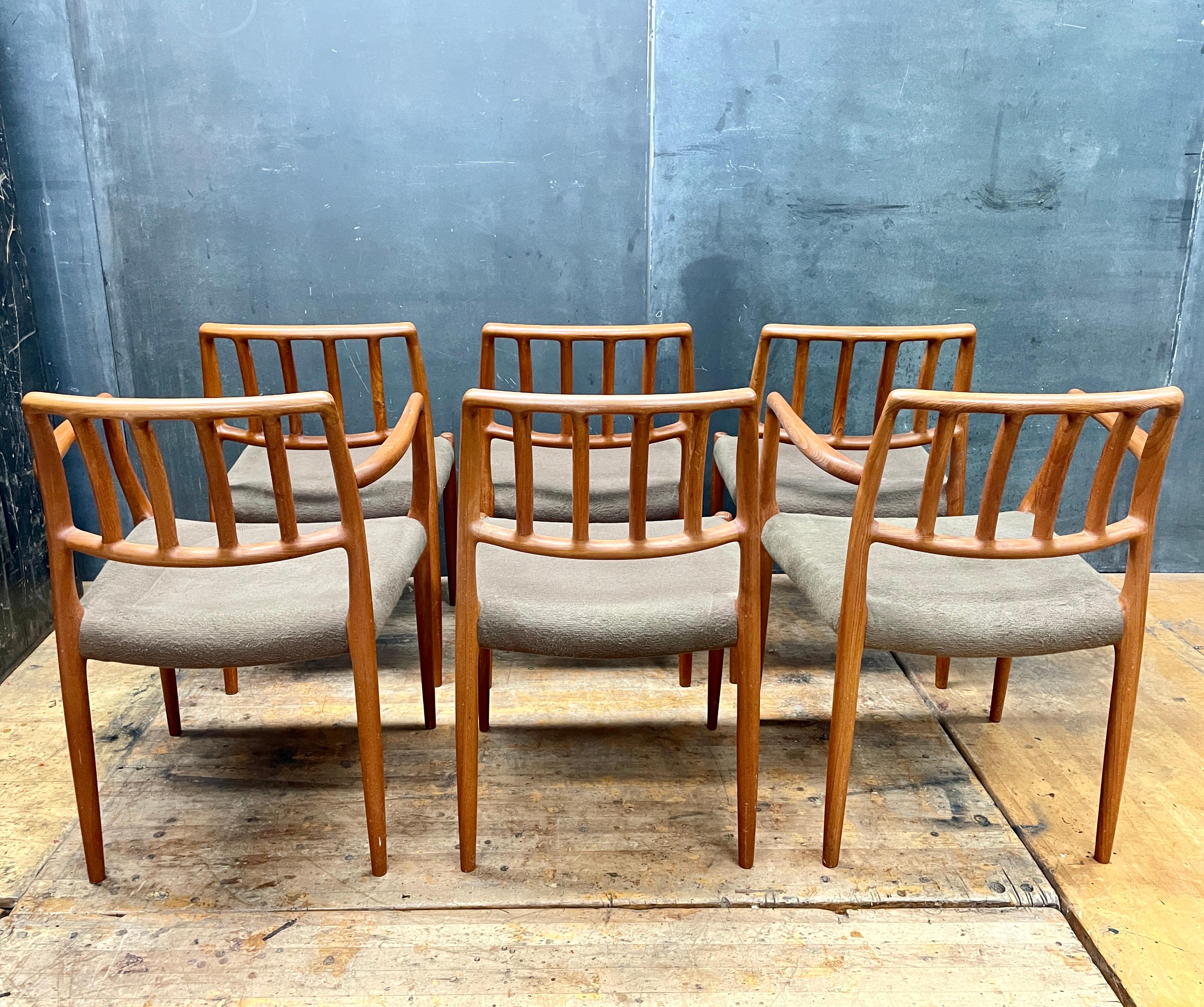 Scandinavian Modern 6 Danish Teak Upholstered Chairs + Armchairs Niels Møller JL Moller Model Nº 83