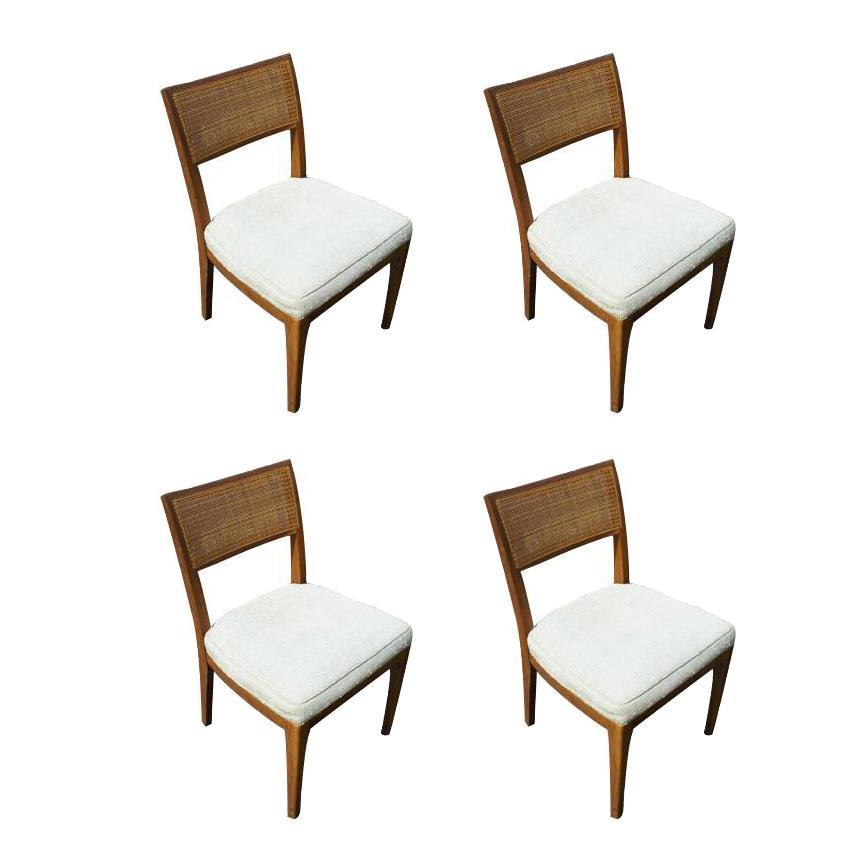 A set of six Mid-Century Modern dining or side chairs by Wood frames with cane backs and upholstered seats. Two armchairs and four side chairs.

Dimensions:
H 33.25 in. x W 21.5 in. x D 19 in.
 
Seat height
18 in.