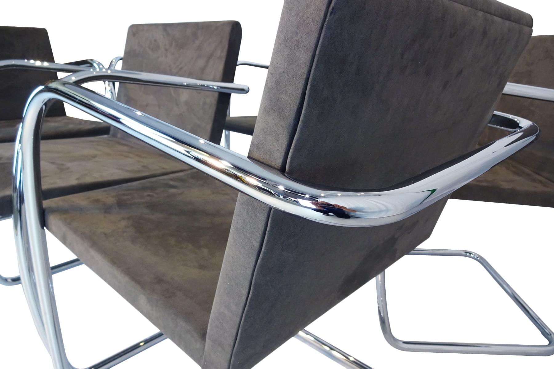 Excellent set of 6 original Mies van der Rohe Brno tubular chrome & suede chairs.

Designed by Ludwig Mies van der Rohe at his Tugendhat House in Brno, Czech Republic, the Brno Chair (model number MR50) reflects the ground breaking simplicity of