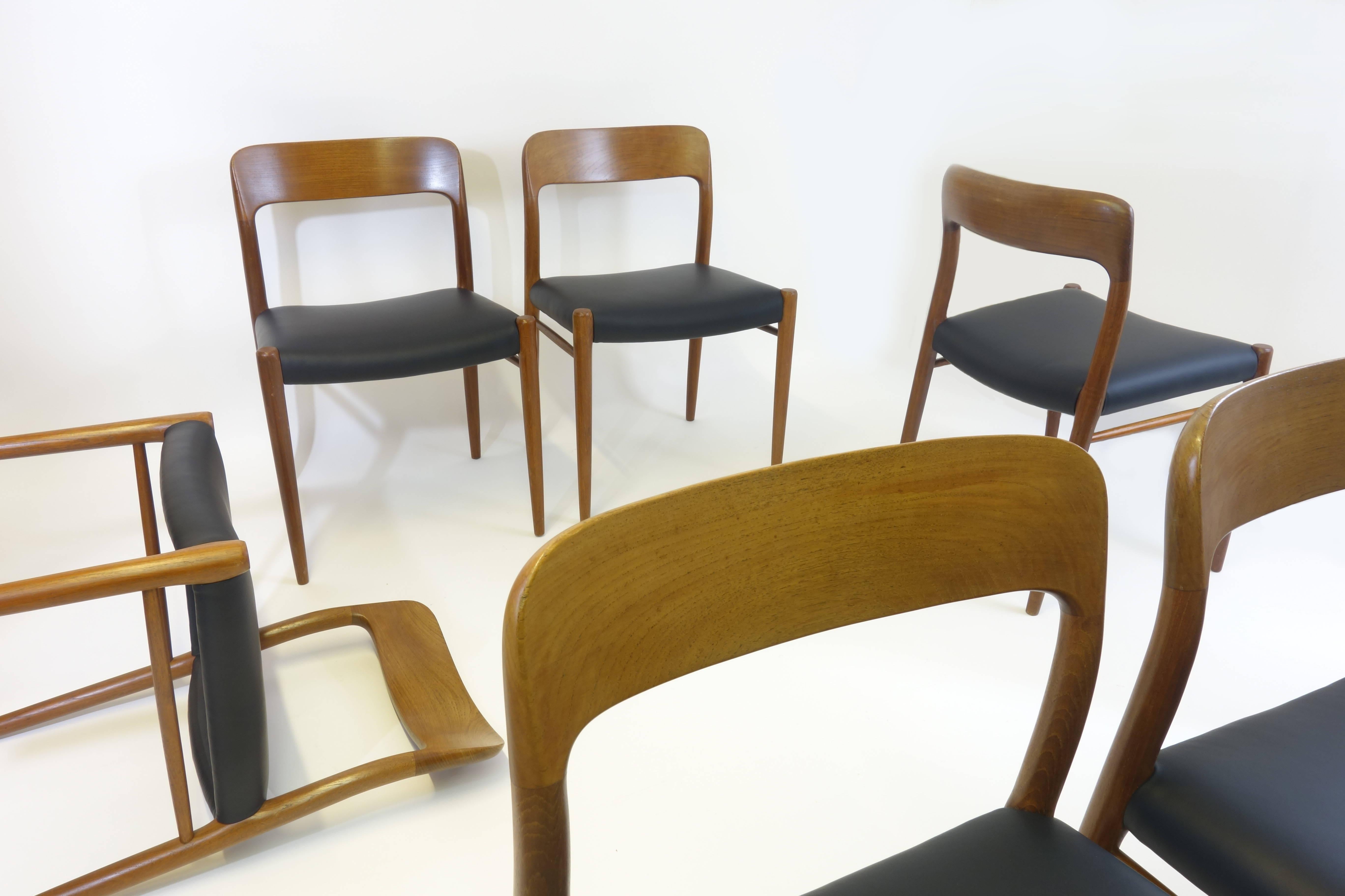 Mid-Century Modern 6 Dining Chairs Model 75 by J.L. Moeller, Denmark, circa 1960