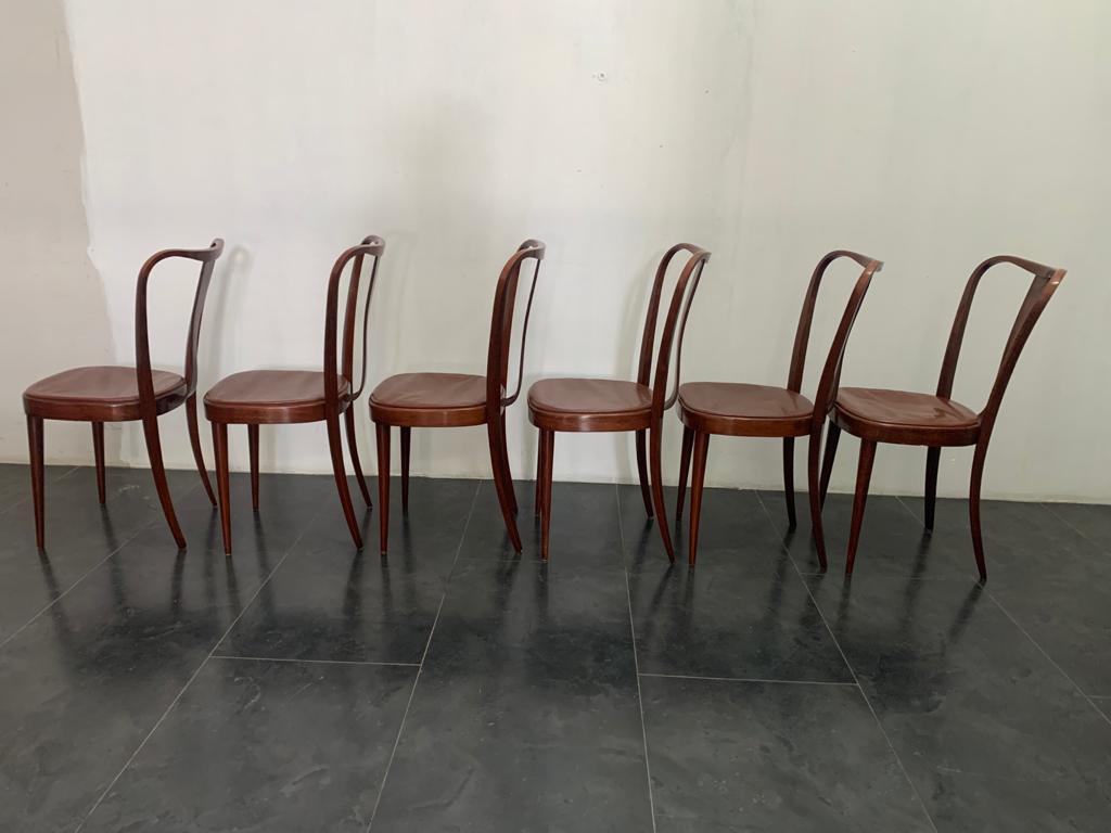 6 Esszimmerstühle mit Ledersitz von Pirelli Sapsa, 1950er Jahre (Moderne der Mitte des Jahrhunderts) im Angebot