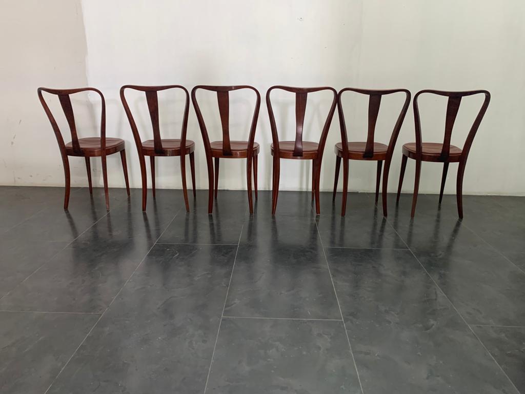 Mid-Century Modern 6 Dining Chairs with Leatherette Seat by Pirelli Sapsa, 1950s For Sale