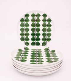 6 Dinner Plates, Stig Lindberg, Gustavsberg, Sweden, Berså / Bersa Green Leafs