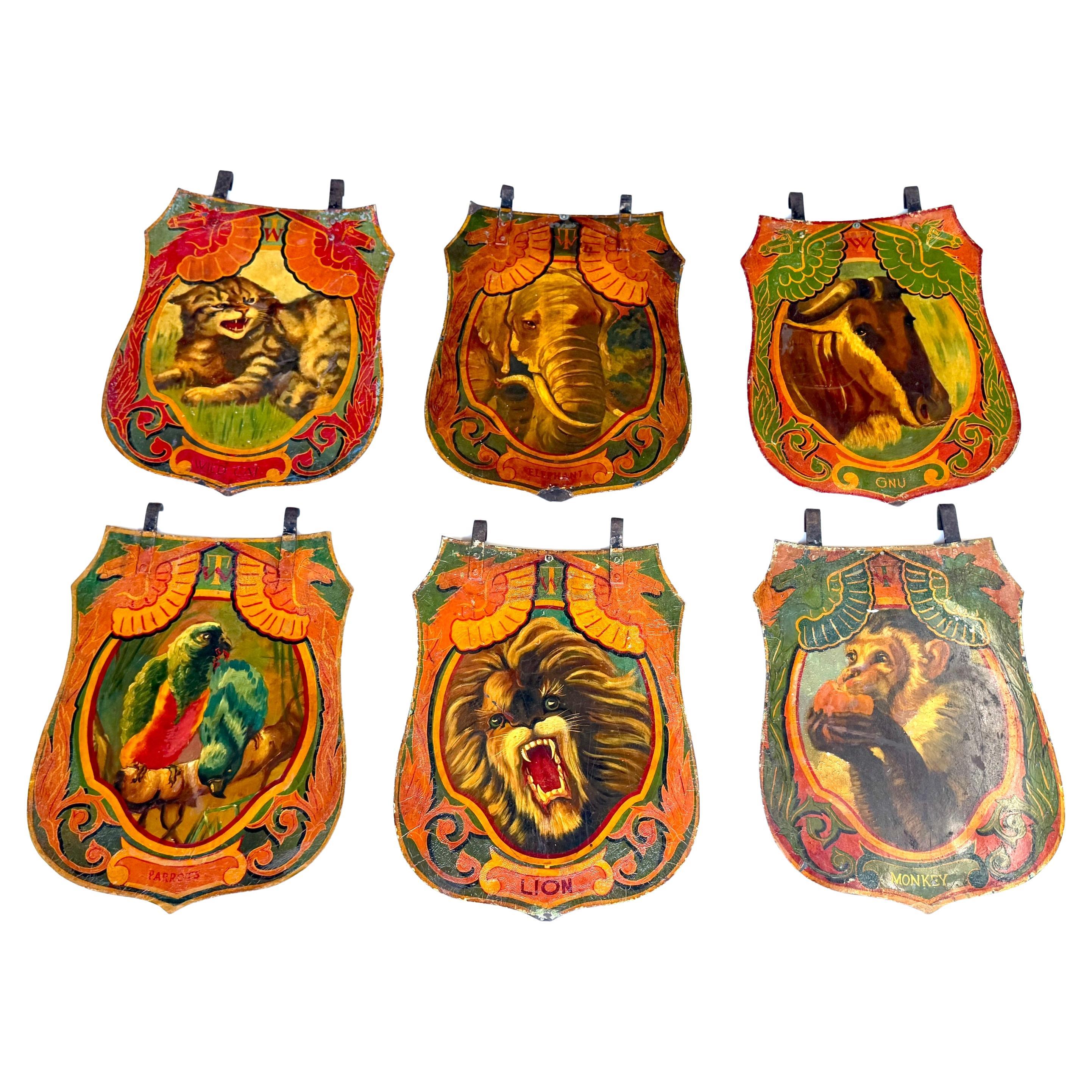 6 Double-Sided Wombwell 
Whitelegg Victorian Exotic Animalier Tole Panels, 1891 en venta