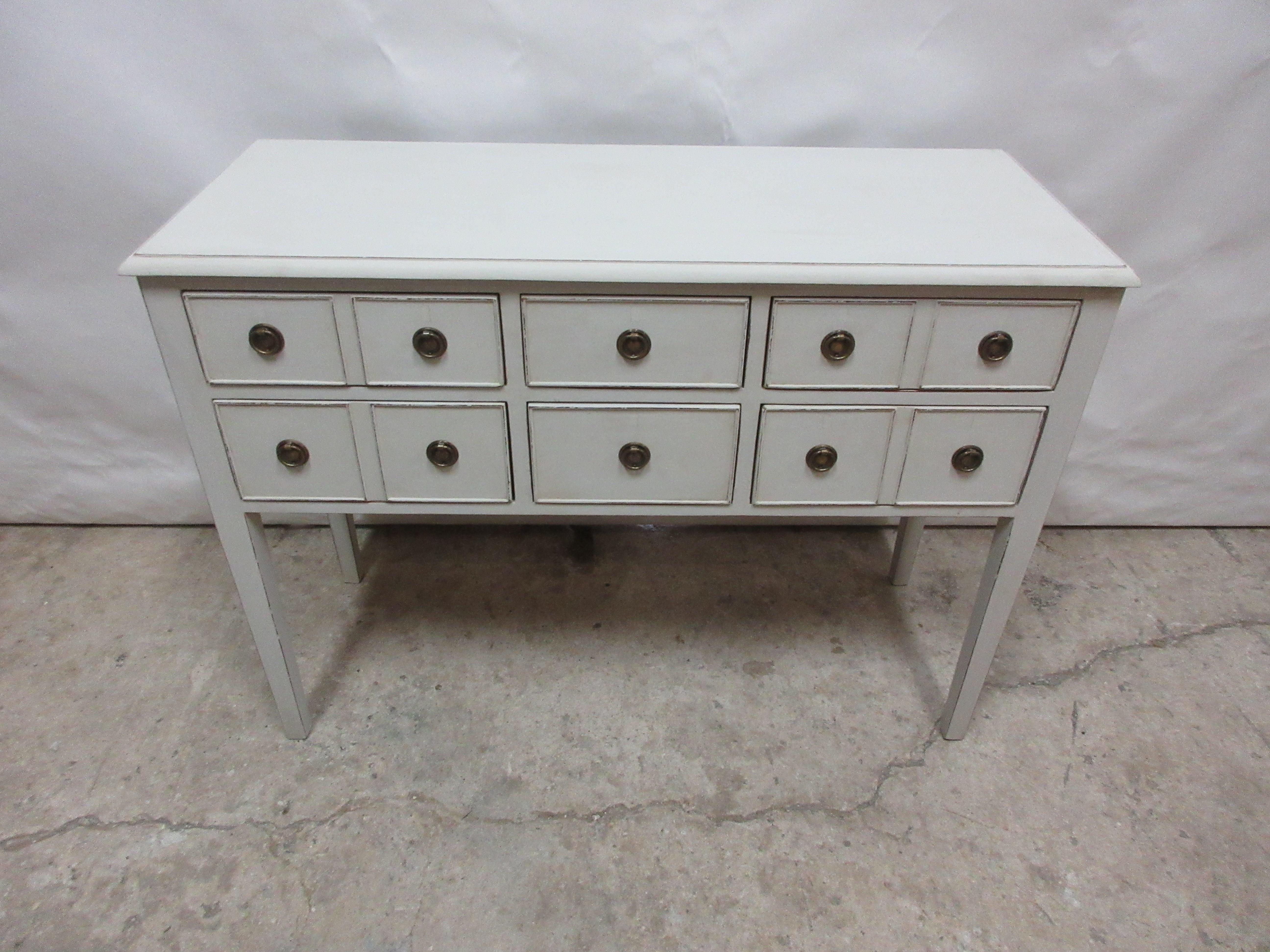 This is a 6 Drawer Console Table, the 2 drawers on the right and left side have 2 handles but only 1 drawer. its been restored and repainted with Milk Paints 