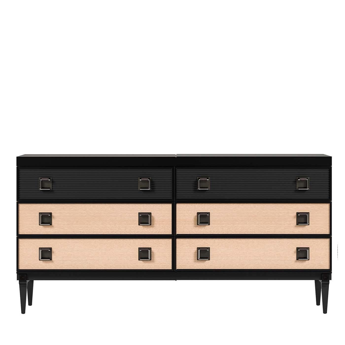 Stately and versatile, this six-drawer dresser blends functionality with artistic appeal. The rectangular frame is fashioned of eucalyptus veneer with a black-lacquered finish and beige panels on the sides and only on the four bottom drawers (the