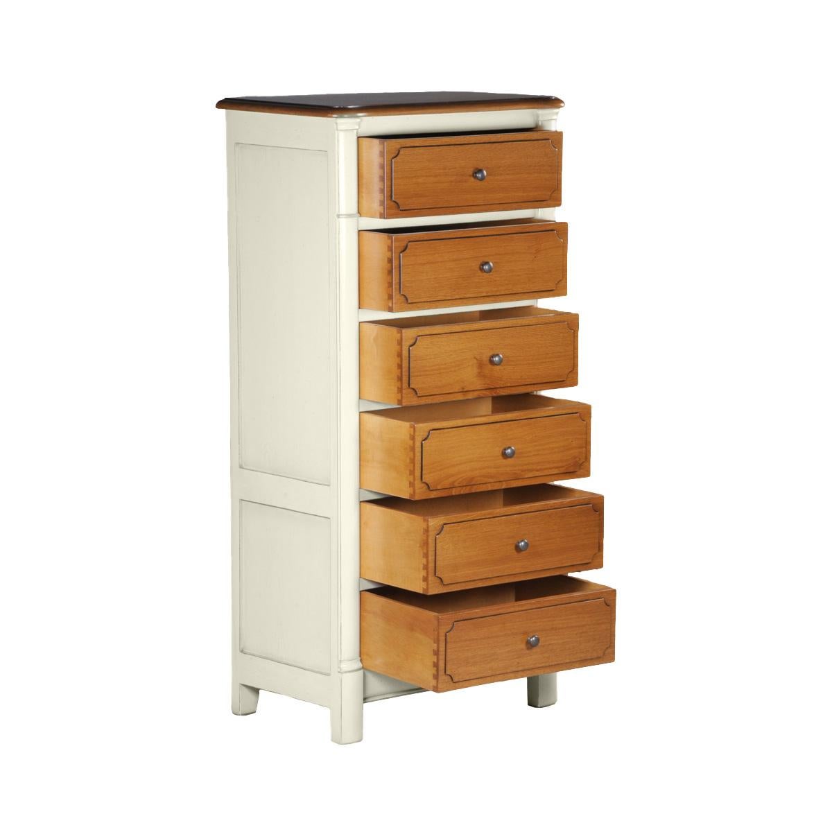 French Provincial 6-drawer French Chiffonier in solid oak, charming white-cream finish For Sale