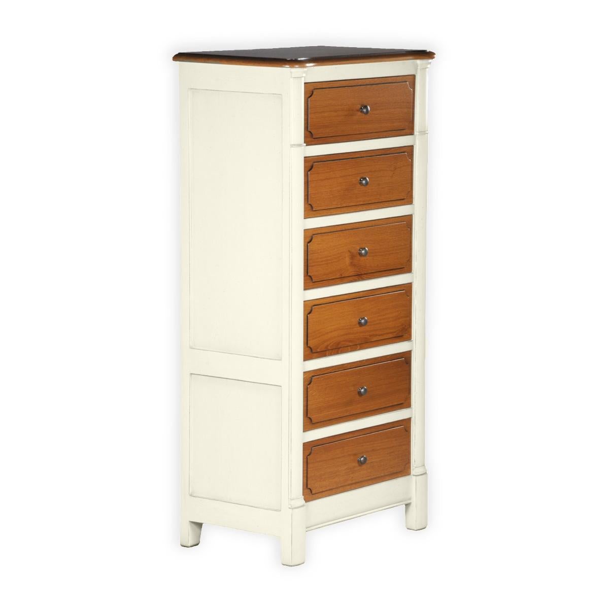 Falegnameria Chiffoniera francese a 6 cassetti in rovere massiccio, con affascinante finitura bianco-crema in vendita
