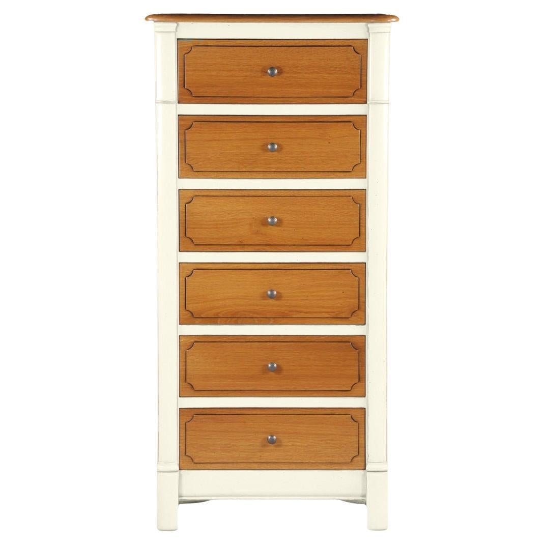6-drawer French Chiffonier in solid oak, charming white-cream finish For Sale