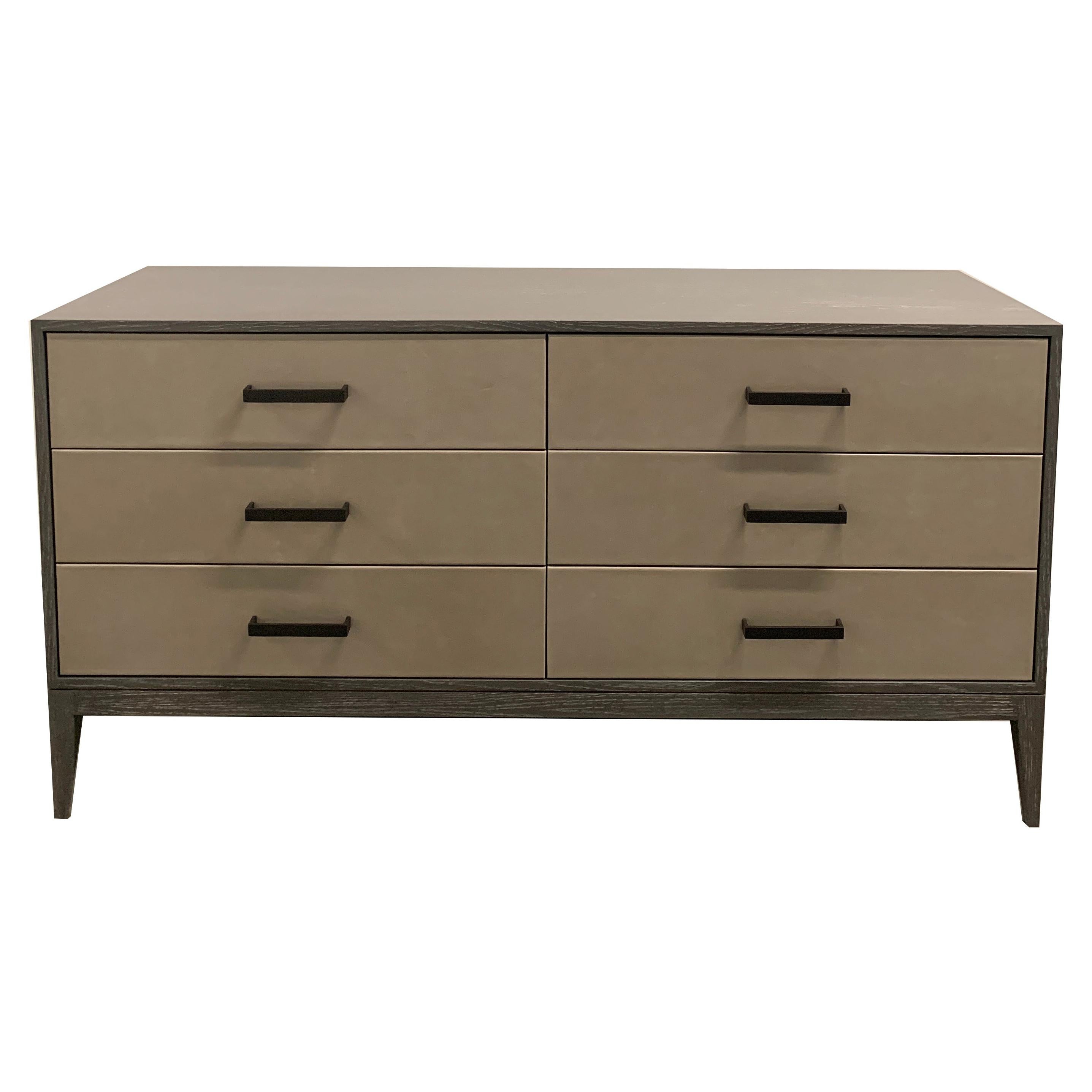 Modern 6-Drawer Pearl Leather Chest with Natural Steel Pulls by Ercole Home