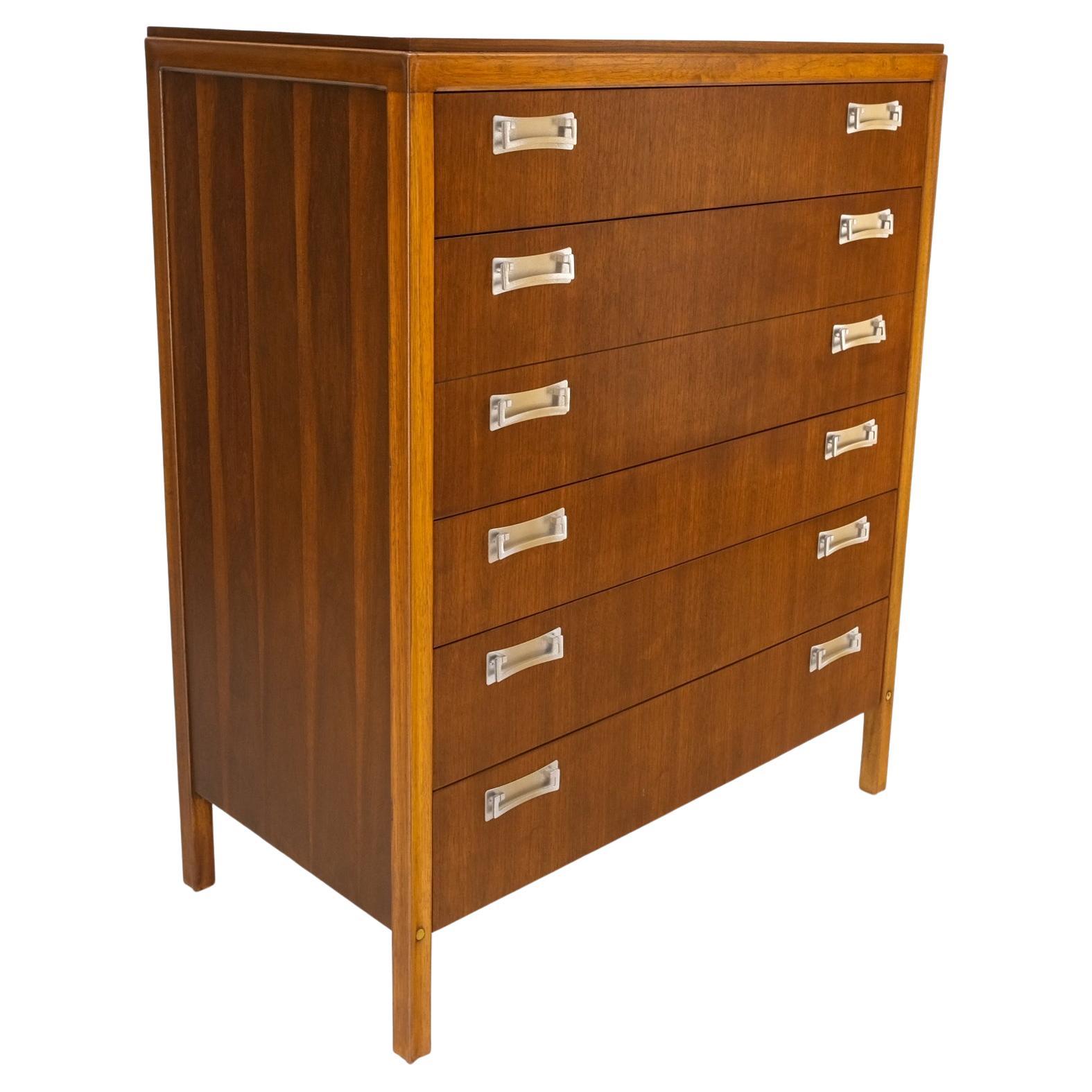 6 Drawers Drop Pulls Walnut Mid Century Modern High Chest Dresser Tall Legs MINT For Sale