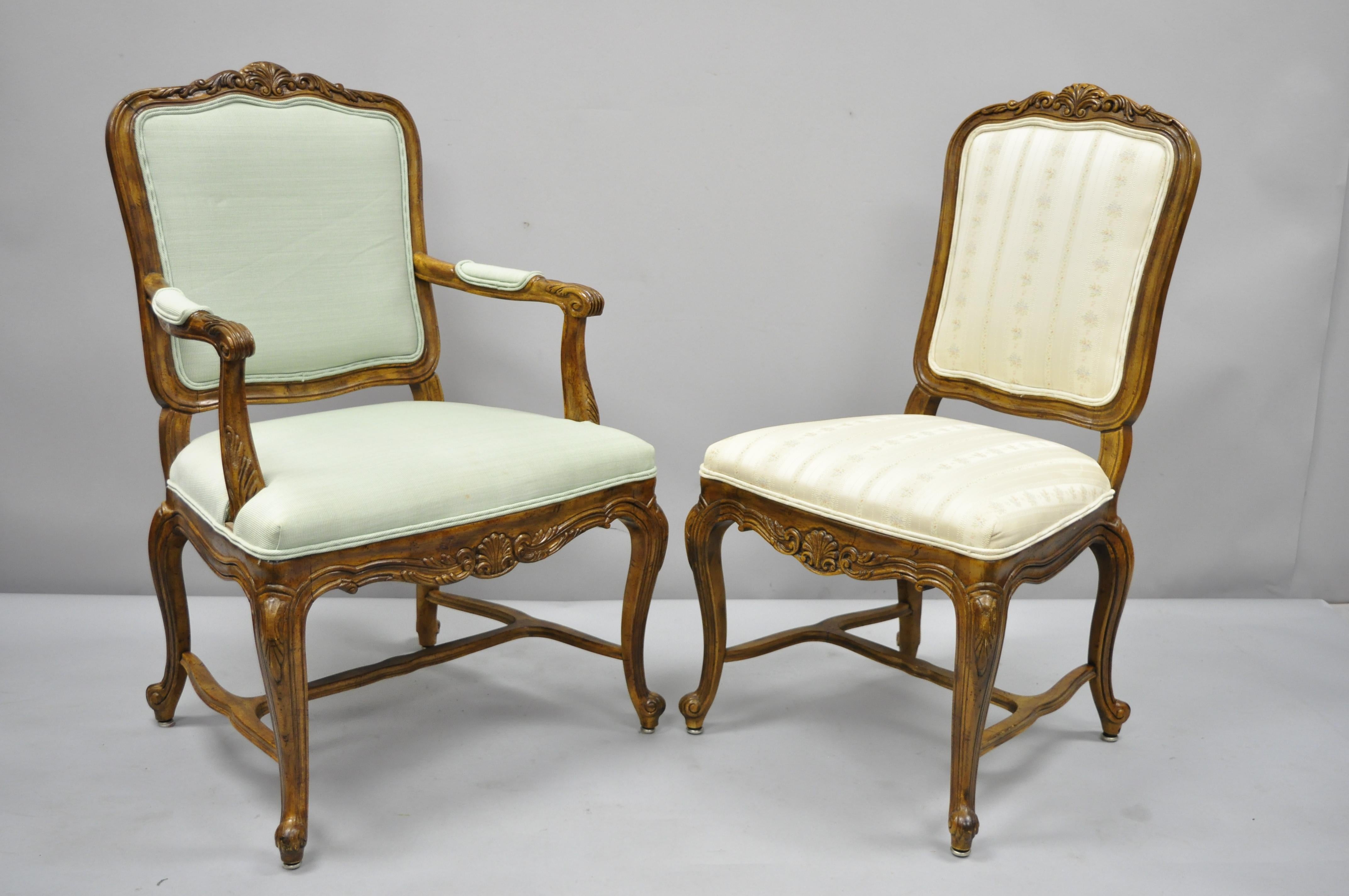 Set of 6 Drexel heritage old continent French provincial Louis XV style dining chairs. Listing includes (4) side chairs, (2) arm chairs, solid wood construction, beautiful wood grain, nicely carved details, original label, cabriole legs, quality