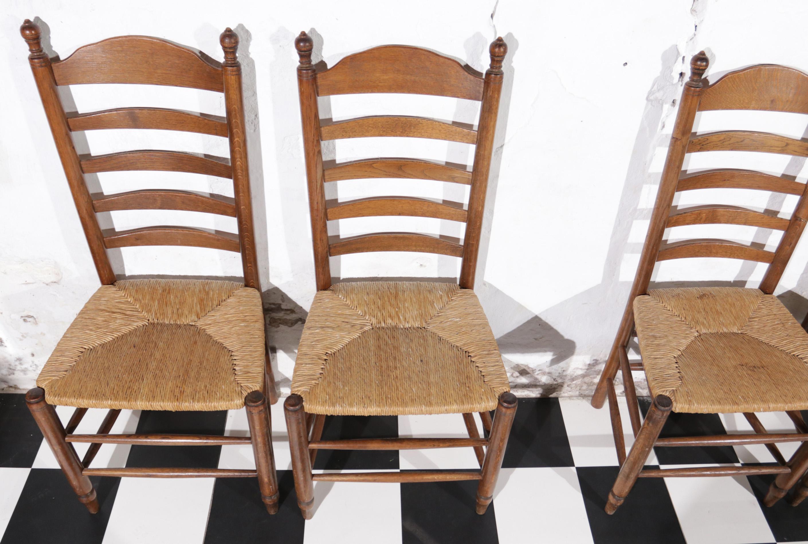 6 Dutch Ladder Back Oak Rush Seat Dining Chairs  6