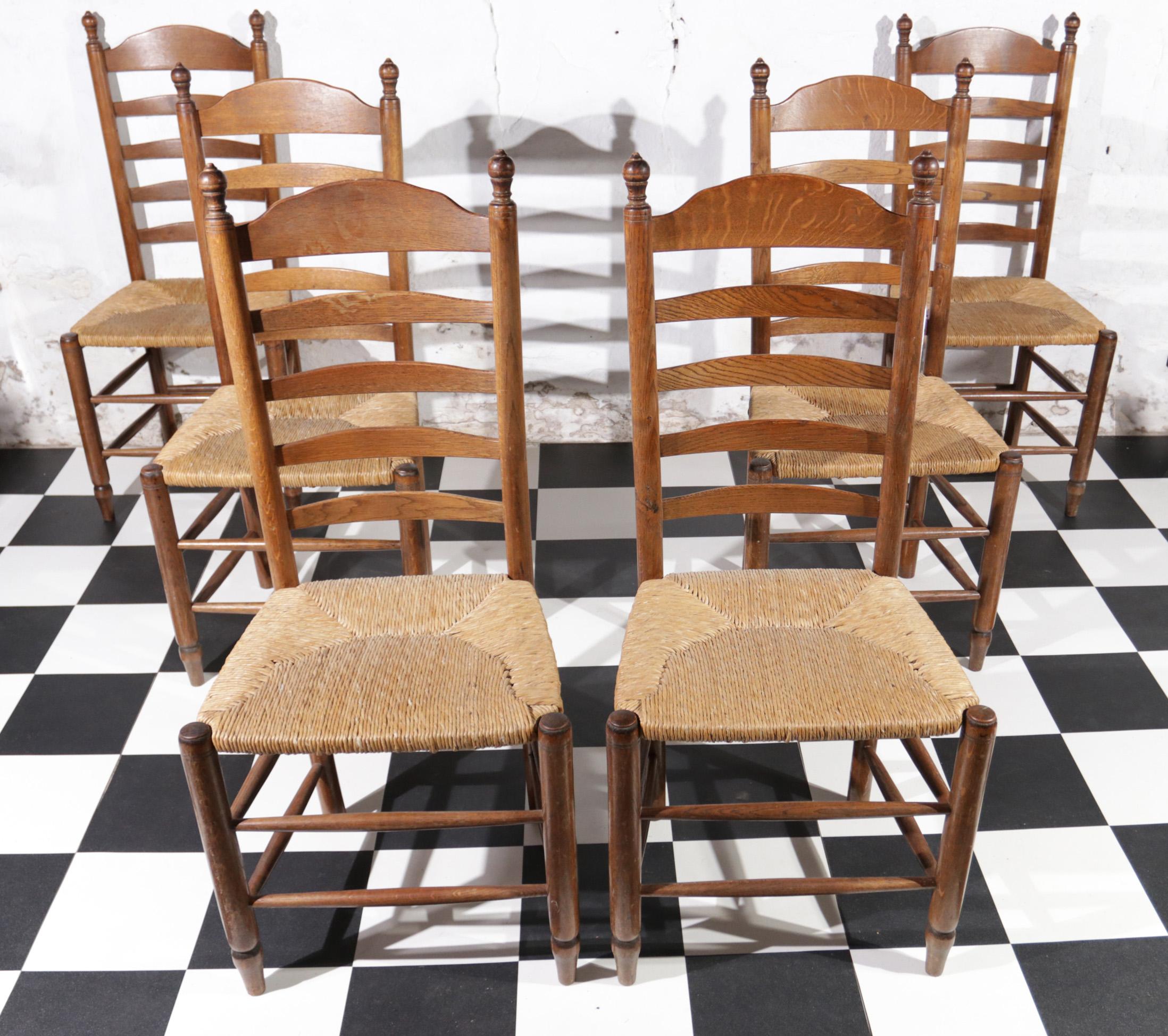 6 Dutch Ladder Back Oak Rush Seat Dining Chairs  13