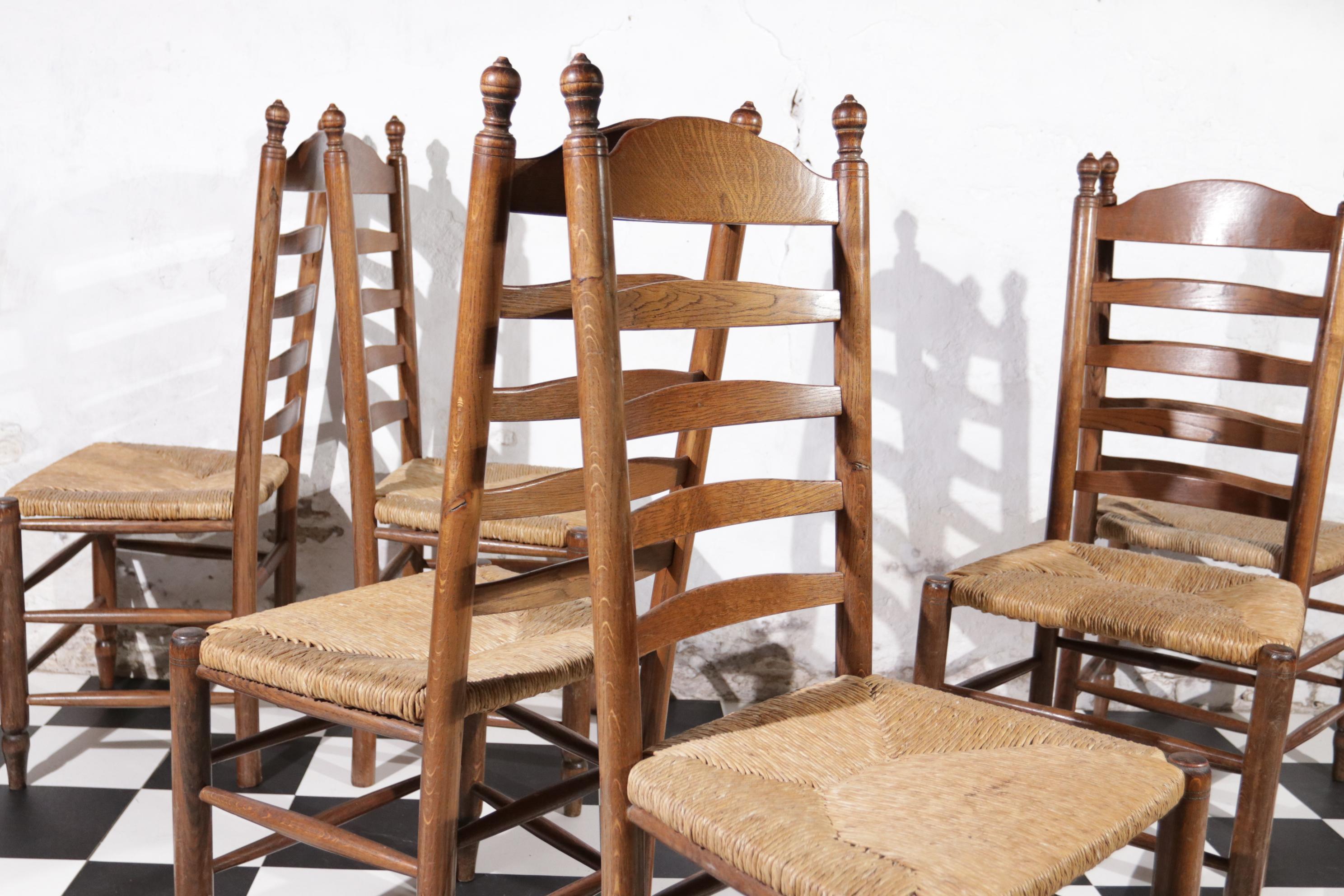 20th Century 6 Dutch Ladder Back Oak Rush Seat Dining Chairs 