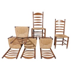 6 Dutch Ladder Back Oak Rush Seat Dining Chairs