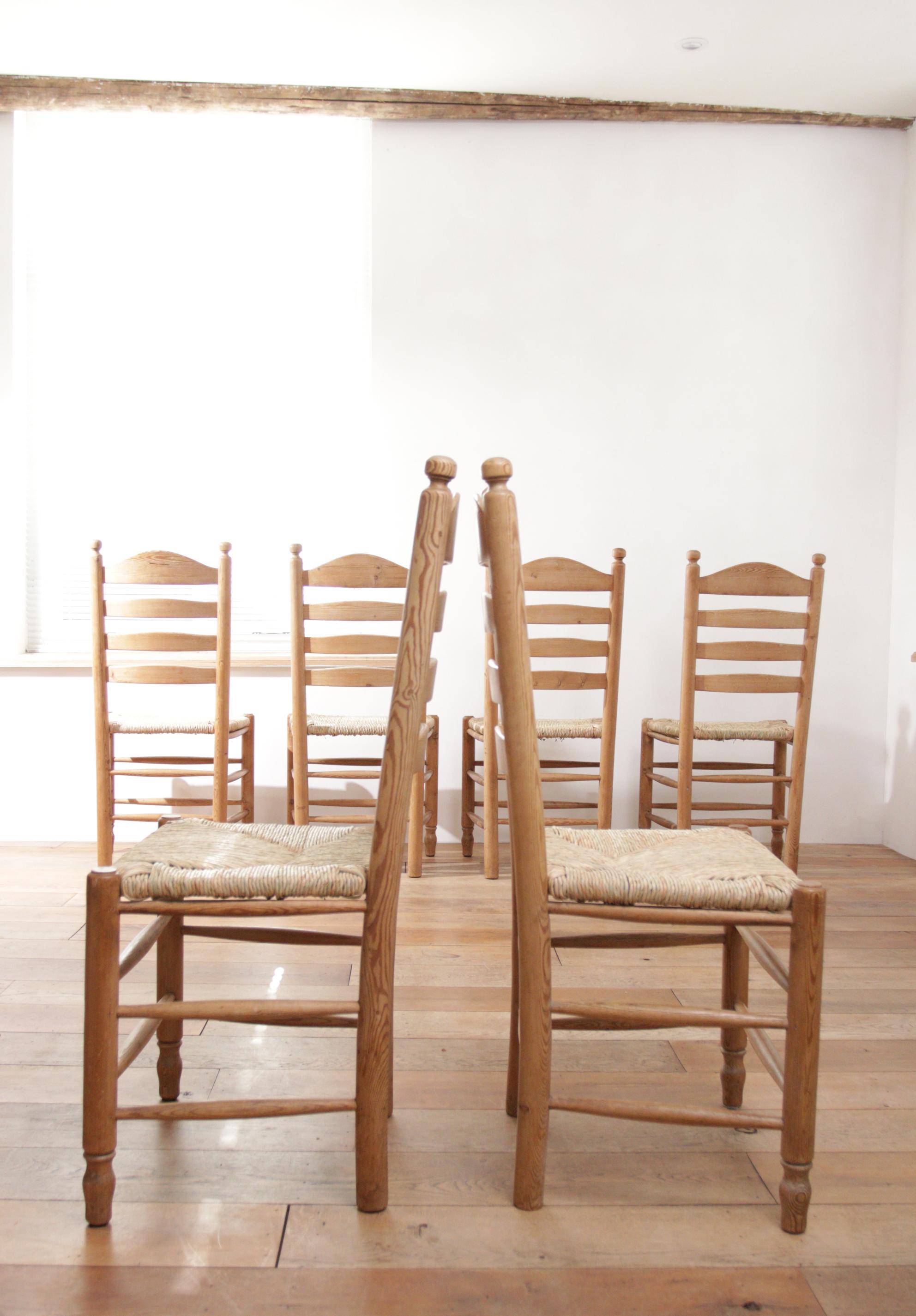 6 Dutch Ladder Back Pine and New Rush Seat Dining Chairs 5