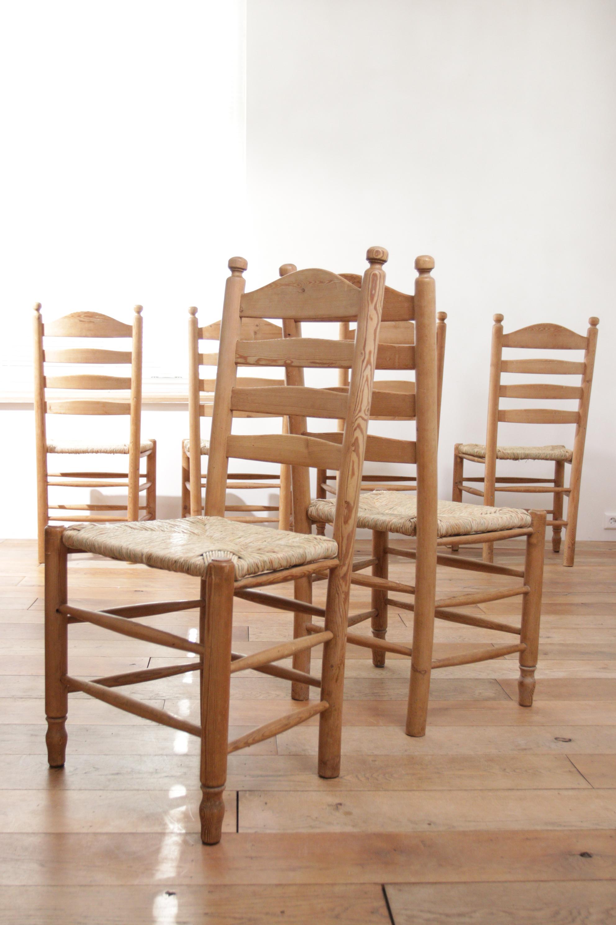 6 Dutch Ladder Back Pine and New Rush Seat Dining Chairs 6