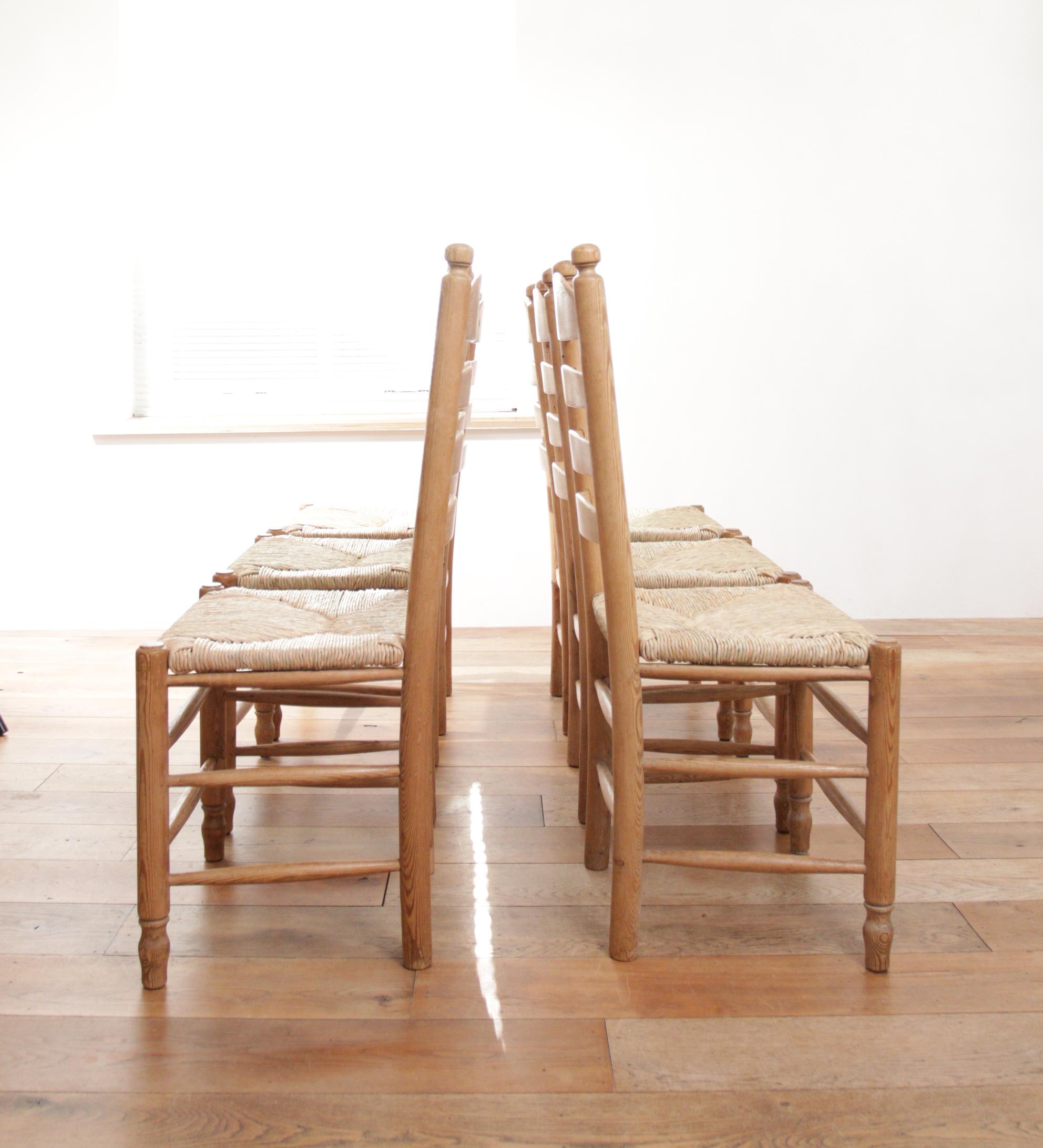 20th Century 6 Dutch Ladder Back Pine and New Rush Seat Dining Chairs