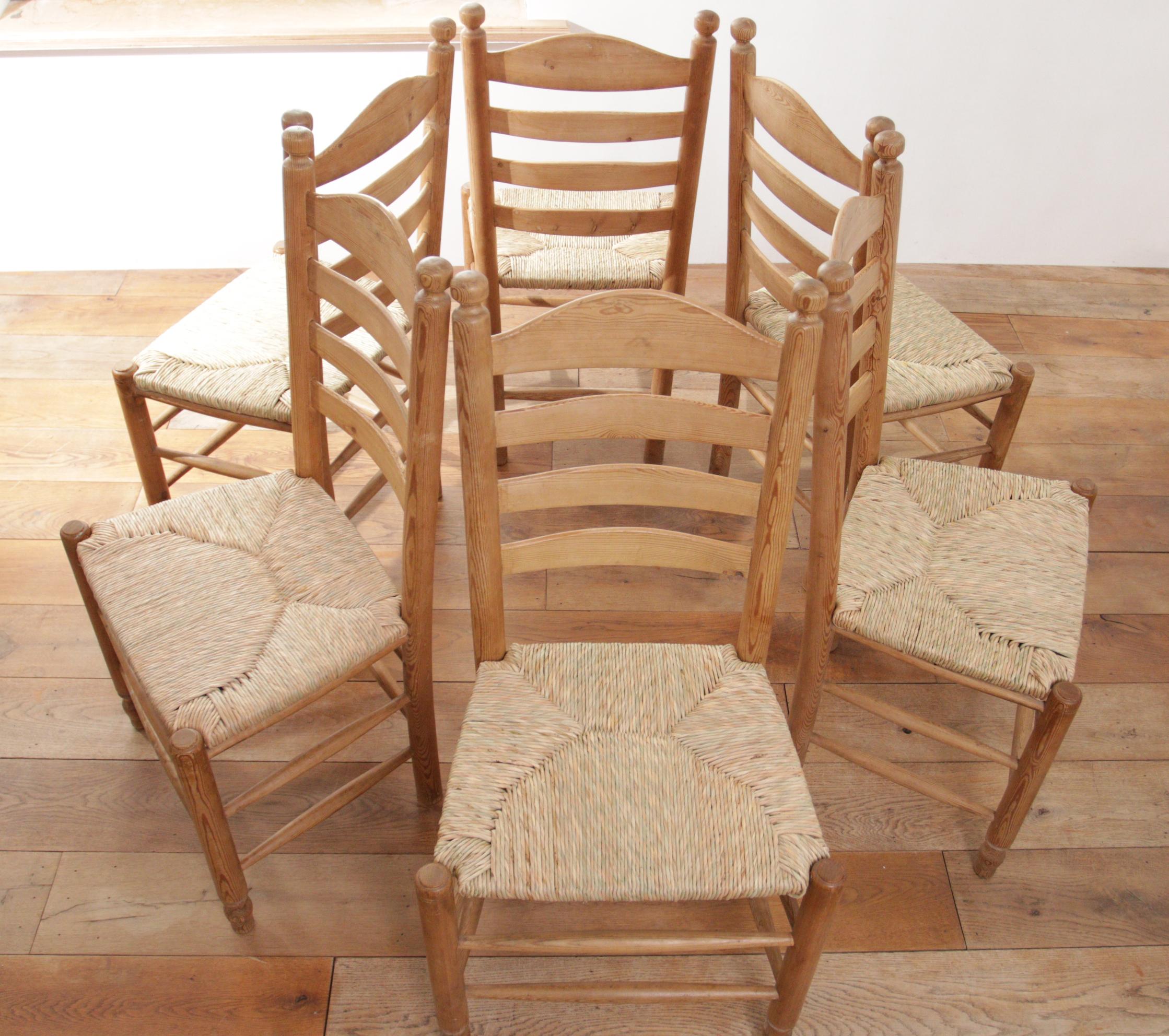 6 Dutch Ladder Back Pine and New Rush Seat Dining Chairs 3