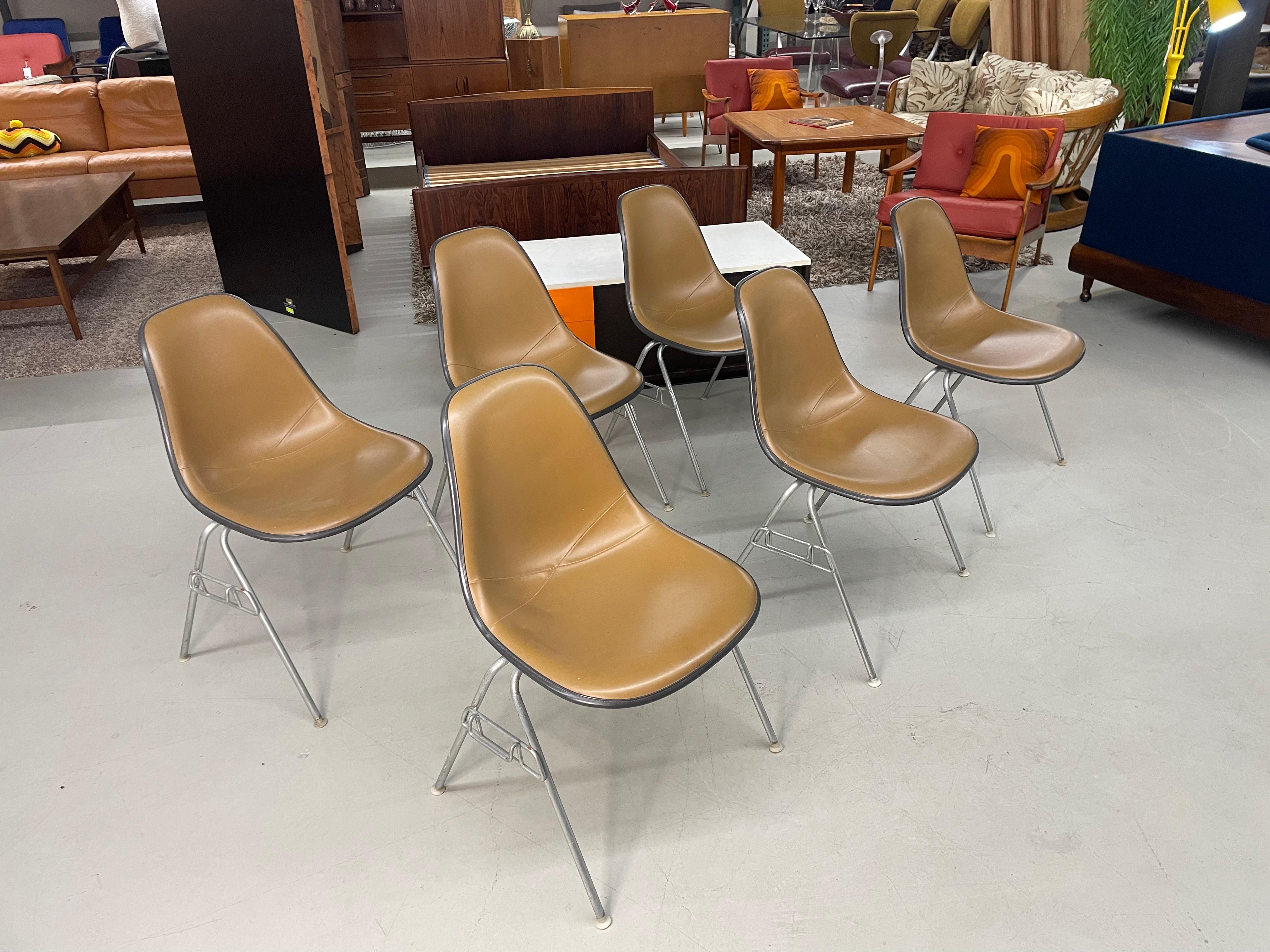 6 Eames for Herman Miller DSS Stackable Naugahyde Fiberglass Shell Chairs For Sale 4