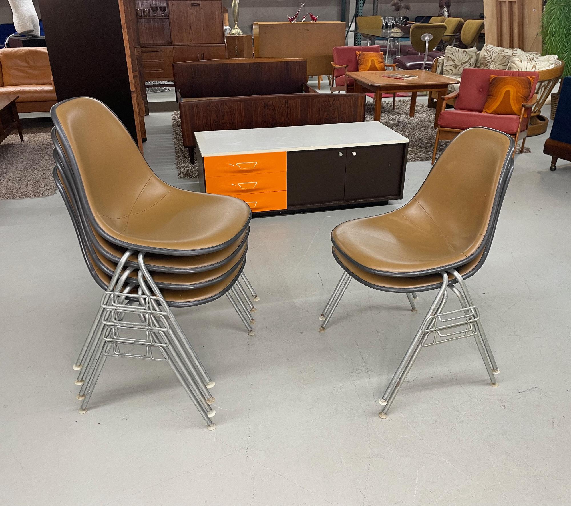 Mid-Century Modern 6 Eames for Herman Miller DSS Stackable Naugahyde Fiberglass Shell Chairs For Sale