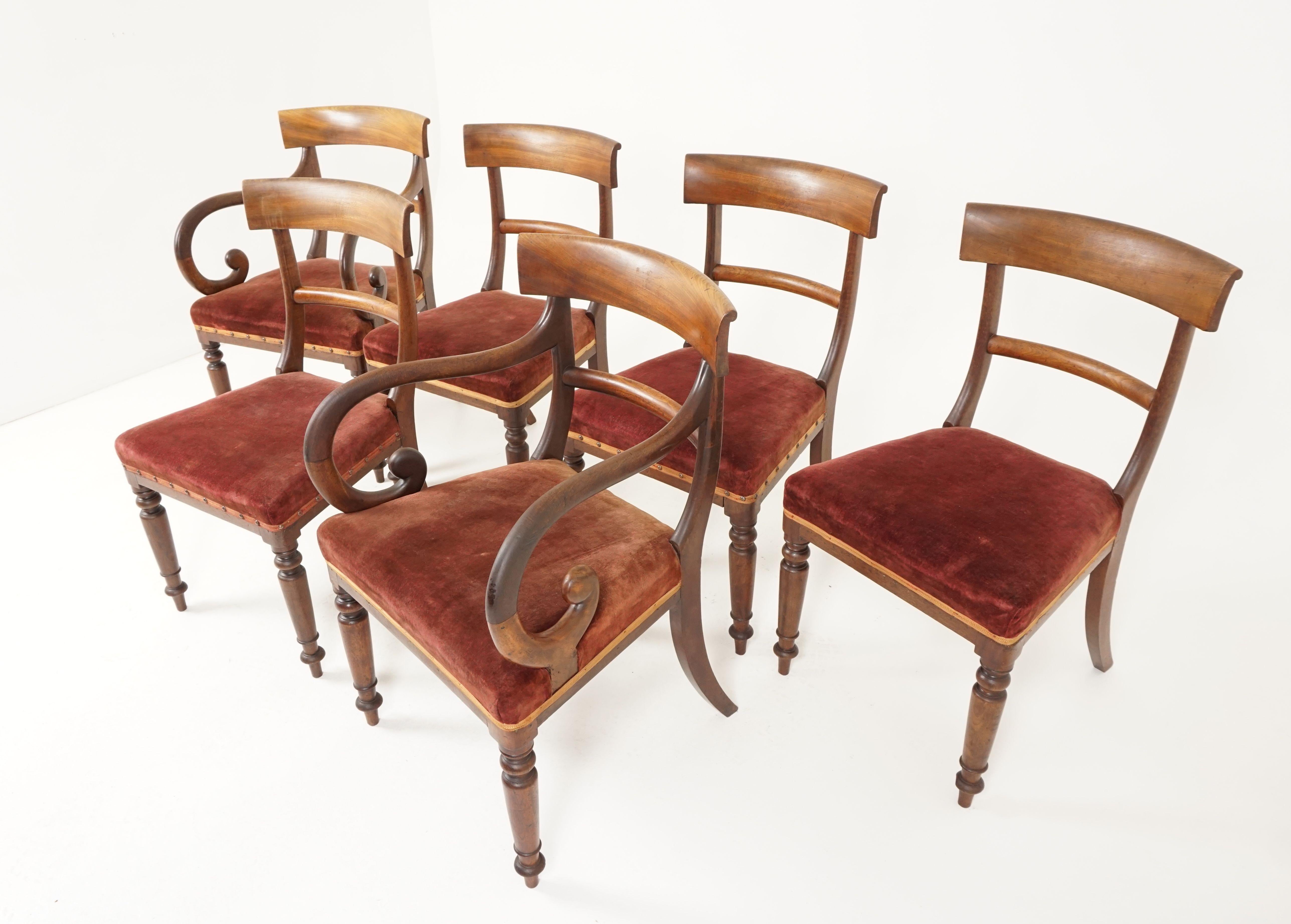 6 early Victorian walnut dining chairs (4+2), Scotland 1840, B2374

Scotland 1840
Solid Walnut
Original finish
Nicely curved back rails
Velvet padded upholstered seats
Arm chairs have generous scrolling arms
All standing on ring turned front legs