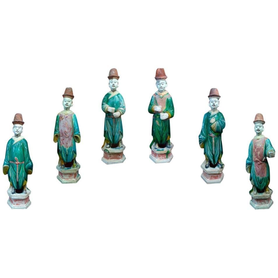6 Elegant Ming Dynasty Court Attendants in Glazed Terracotta, China 1368-1644 AD For Sale