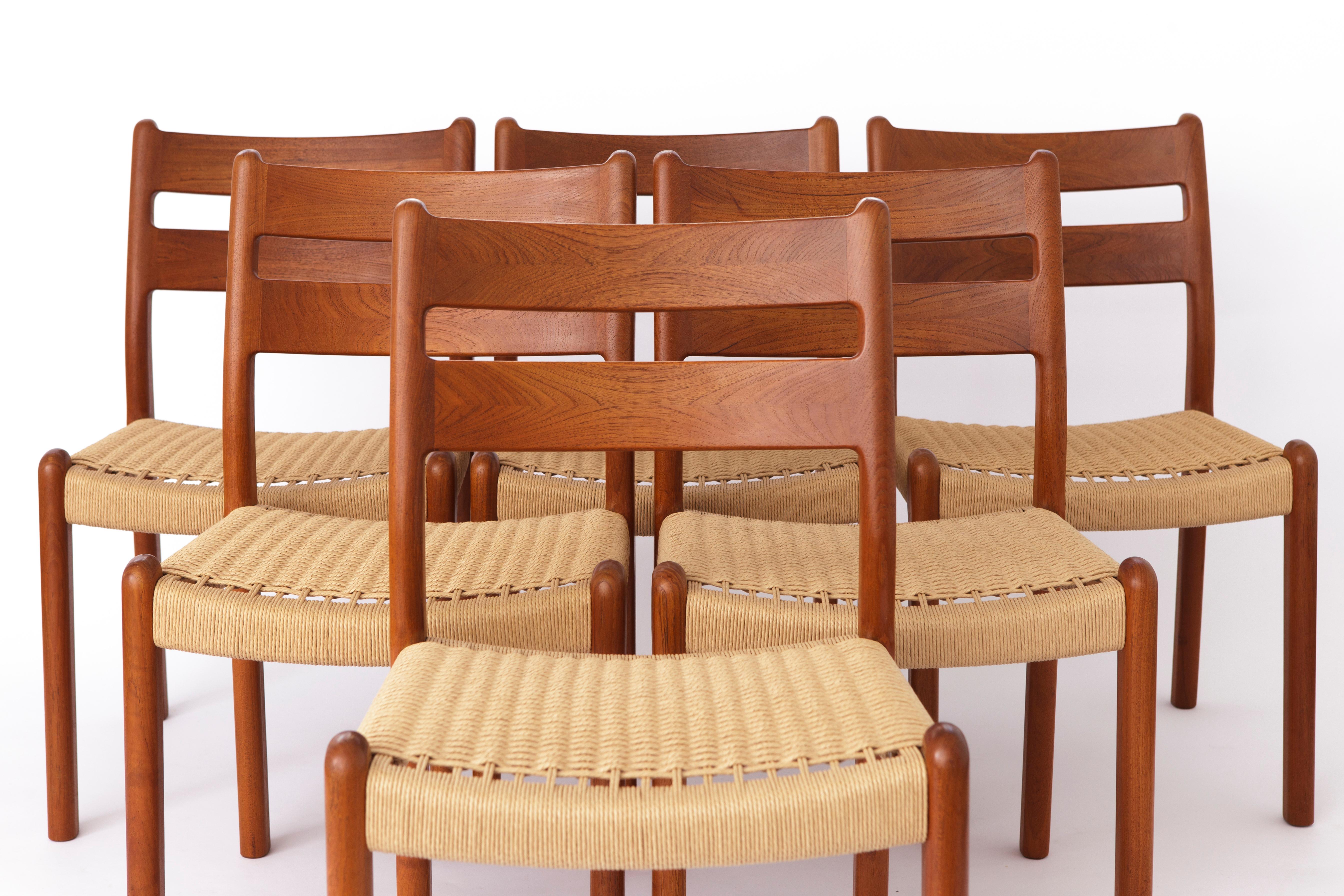 Massive teak chairs from the Danish manufacturer EMC Mobler. 
Production period: 1960s-1970s. 
Displayed price is for 6 chairs. 

Very good condition. Solid teak frames. Stable stand. 
No wobbling corner connections. Renewed seat weavings on