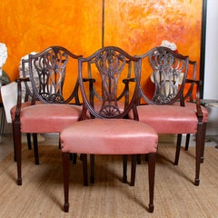 6 English Dining Chairs Hepplewhite Mahogany Leather, 19th Century