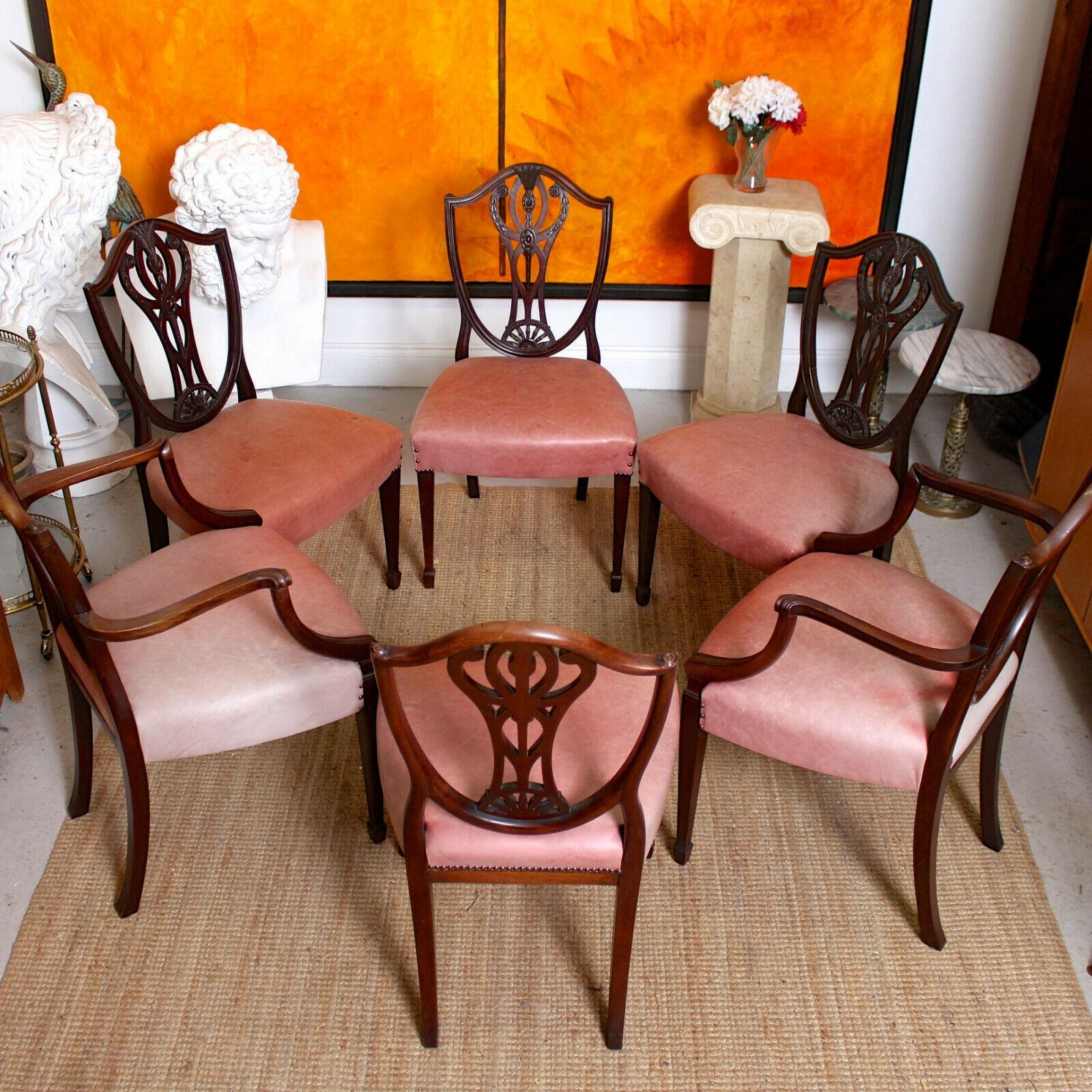 6 English Dining Chairs Hepplewhite Mahogany Leather, 19th Century For Sale 5