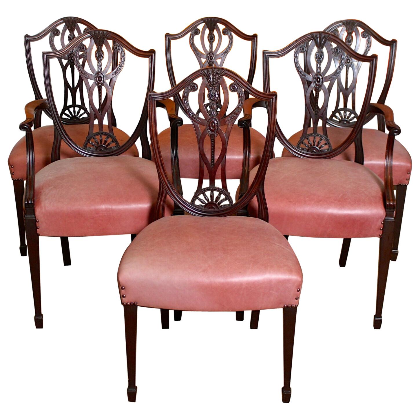 6 English Dining Chairs Hepplewhite Mahogany Leather, 19th Century For Sale