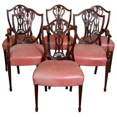 Antique 6 English Dining Chairs Hepplewhite Mahogany Leather, 19th Century