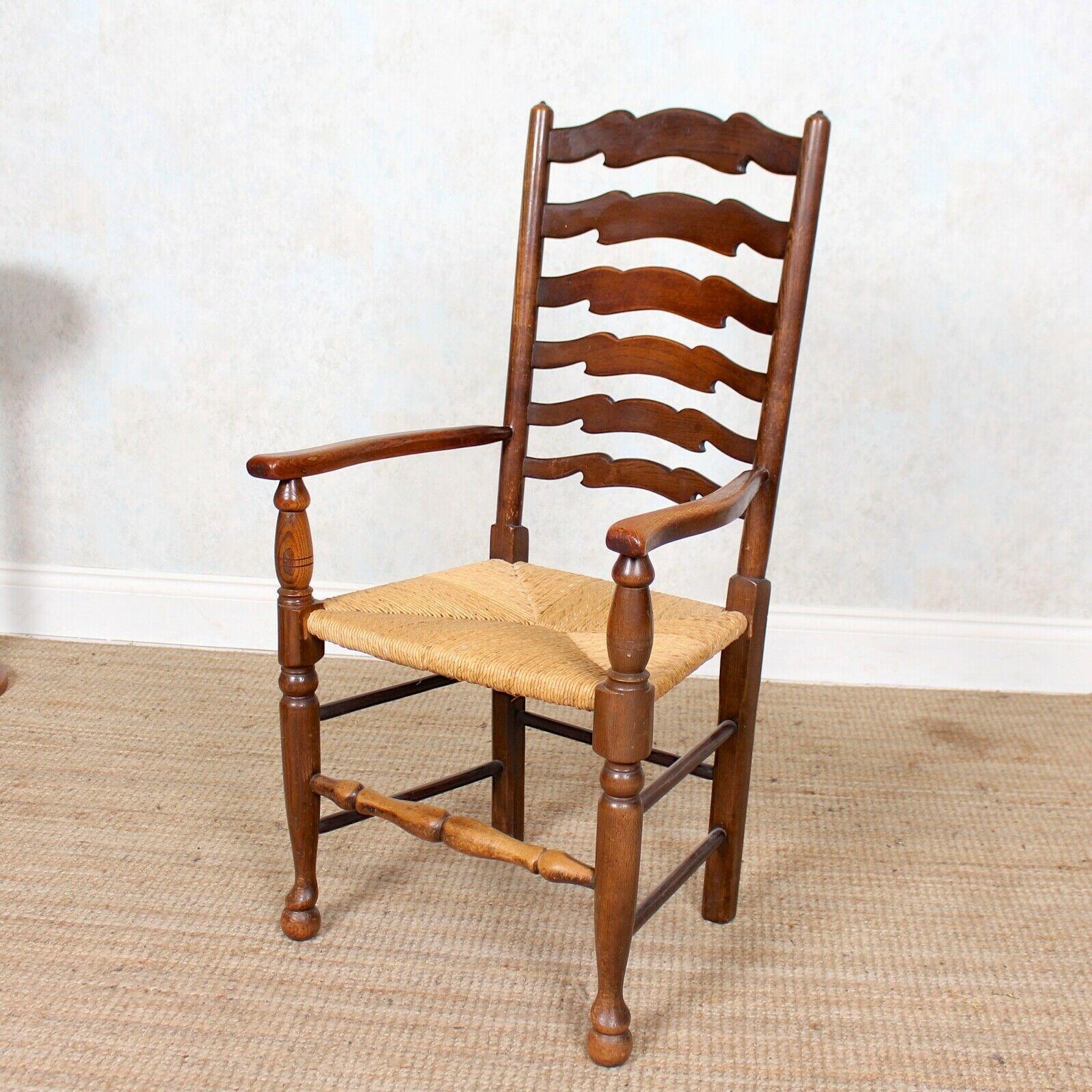 6 English Oak Elm Rushwork Country Dining Chairs Rustic Farmhouse Sussex Chairs In Good Condition For Sale In Newcastle upon Tyne, GB