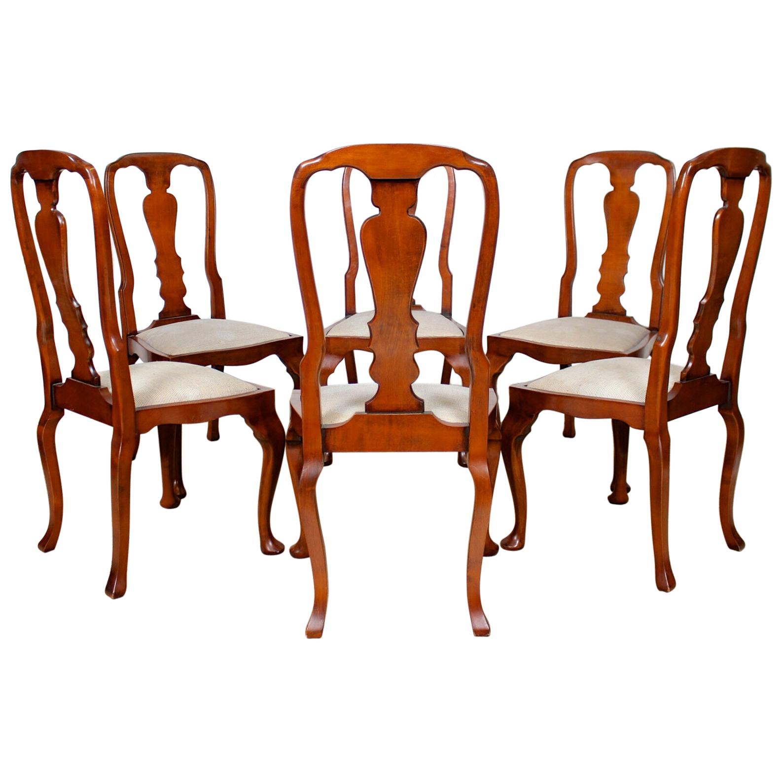 6 English Queen Anne Dining Chairs Antique Vintage