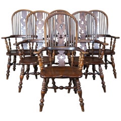 6 English Windsor Oak Dining Armchairs Vintage Country Farmhouse