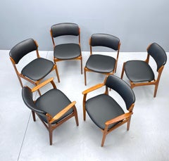 6 Erik Buck Danish Dining Chairs Teak & Black Leather Model No. 49/50