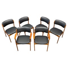 6 Erik Buck Danish Dining Chairs Teak & Black Leather Model No. 49/50