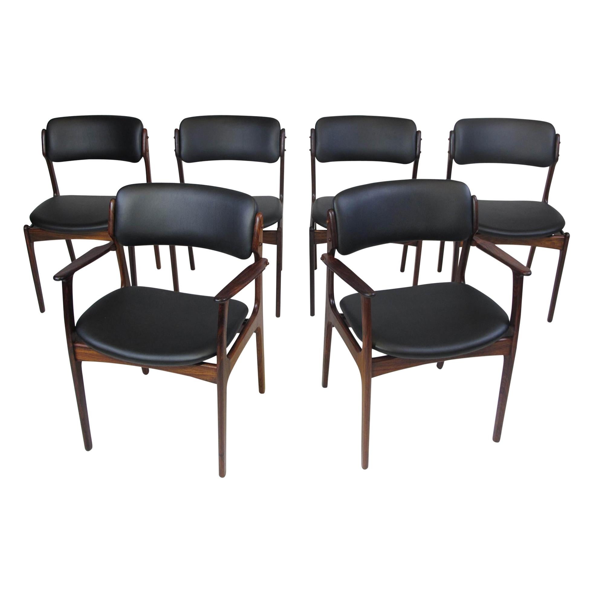 6 Erik Buck Rosewood Danish Dining Chairs in Black Leather