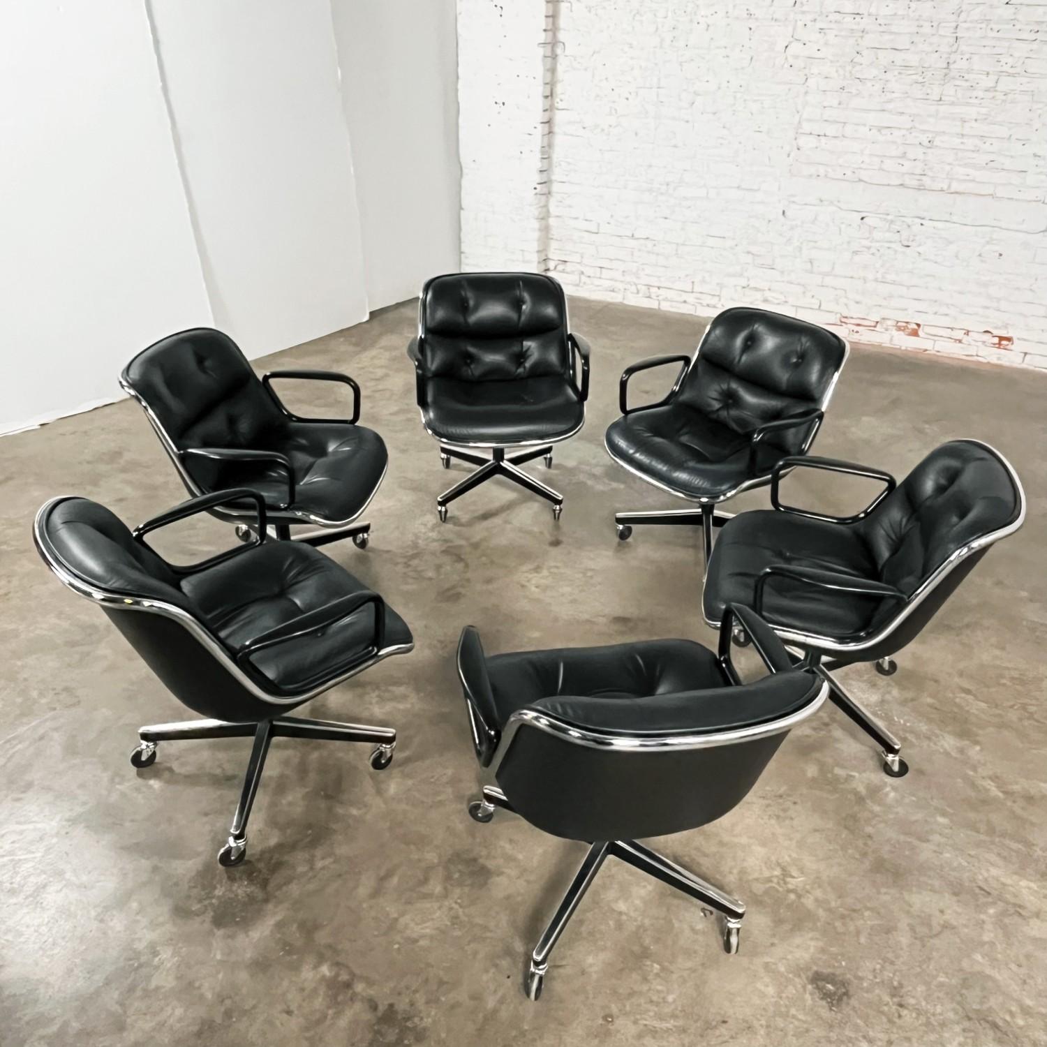 Americano 6 Poltrone direzionali di Charles Pollock per Knoll in pelle nera e base a 4 punte in vendita
