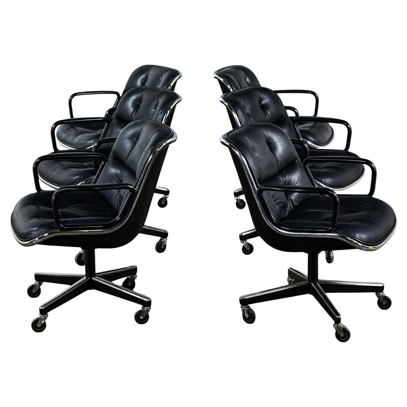 6 Executive Armchairs by Charles Pollock for Knoll Black Leather & 4 Prong Base
