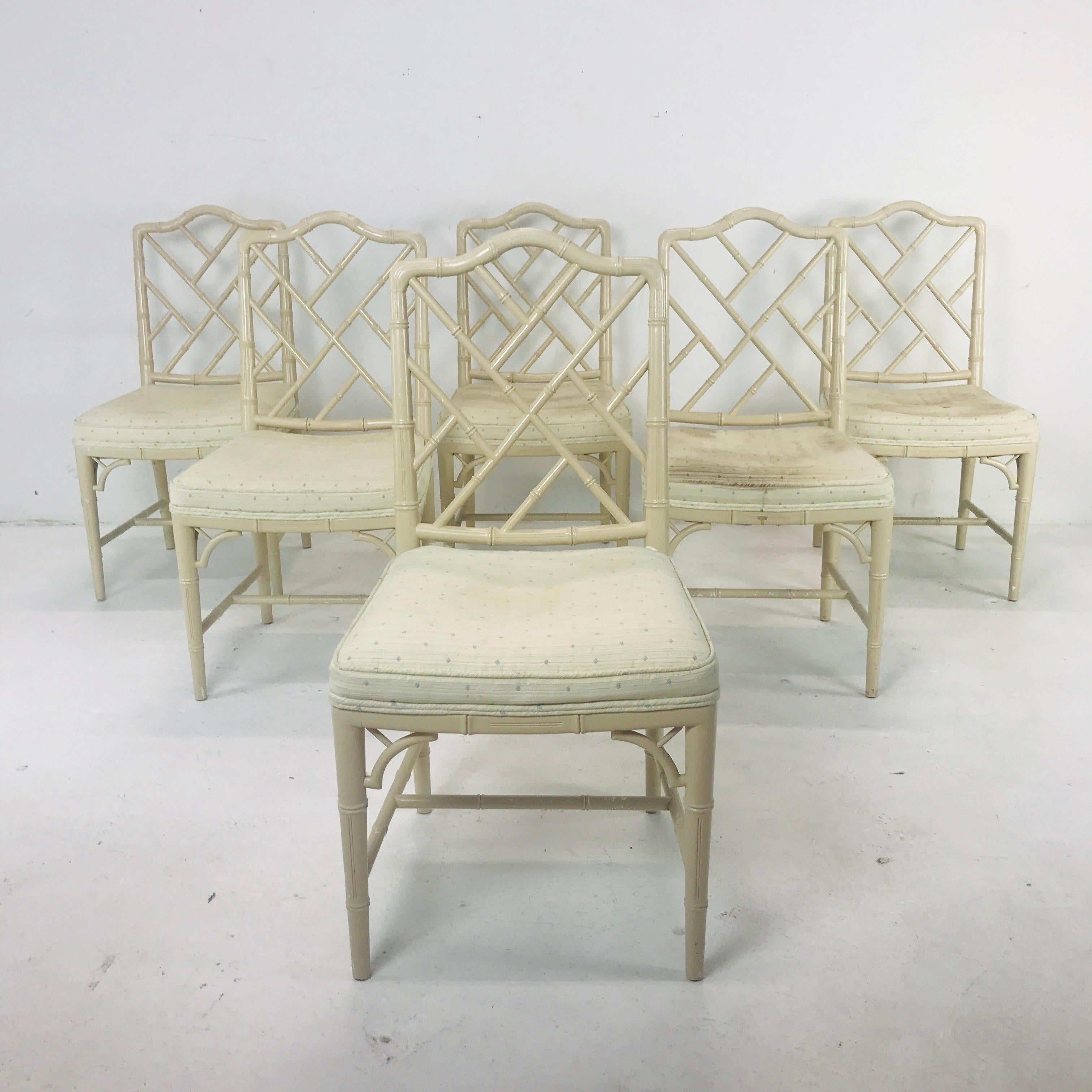 Set of 6 chinoiserie style cream color faux bamboo dining chairs with upholstered seats