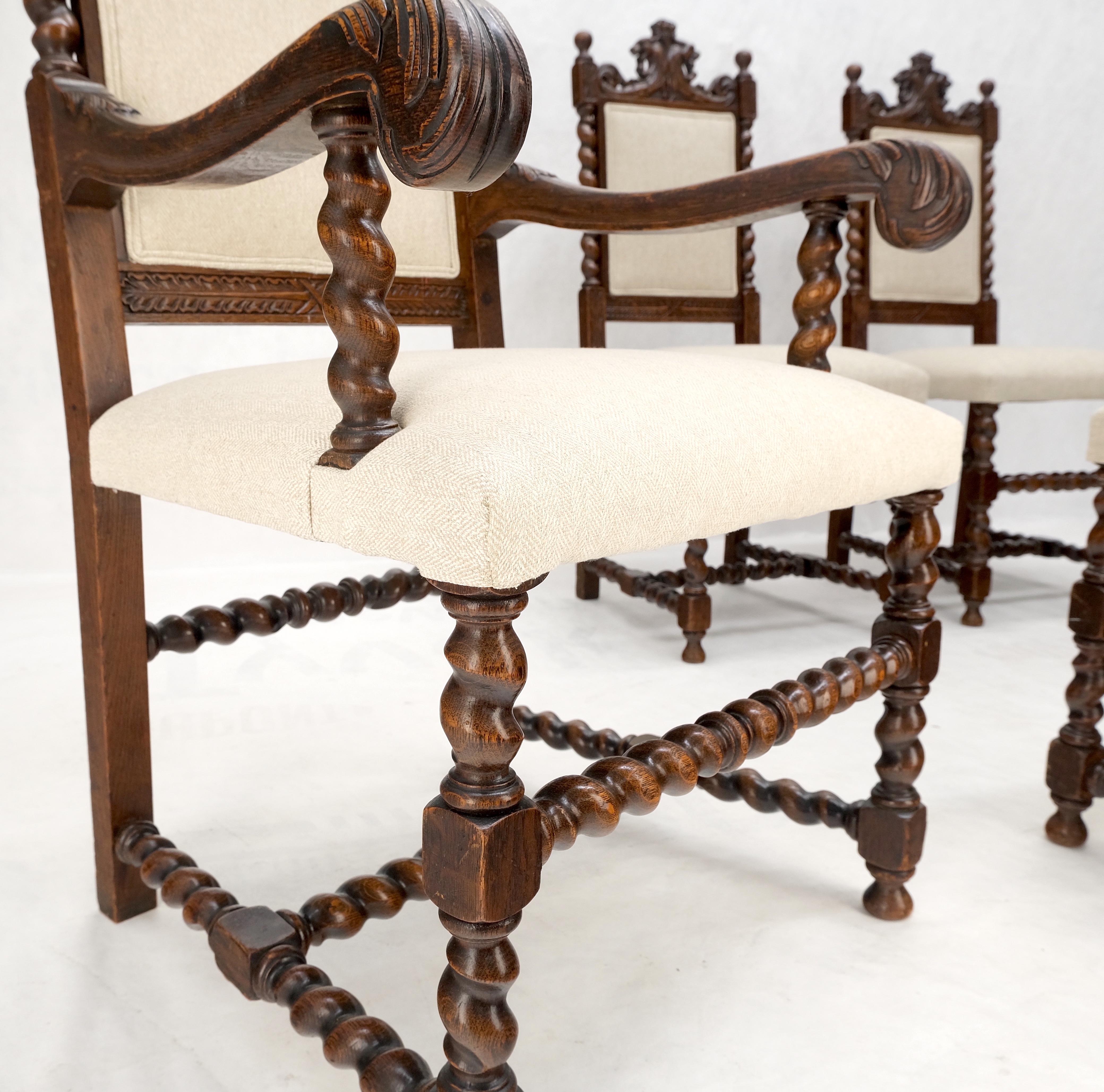 6 Fine Carved Oak Lion Heads Twisted Legs New Upholstery Jacobean Dining Chairs For Sale 4