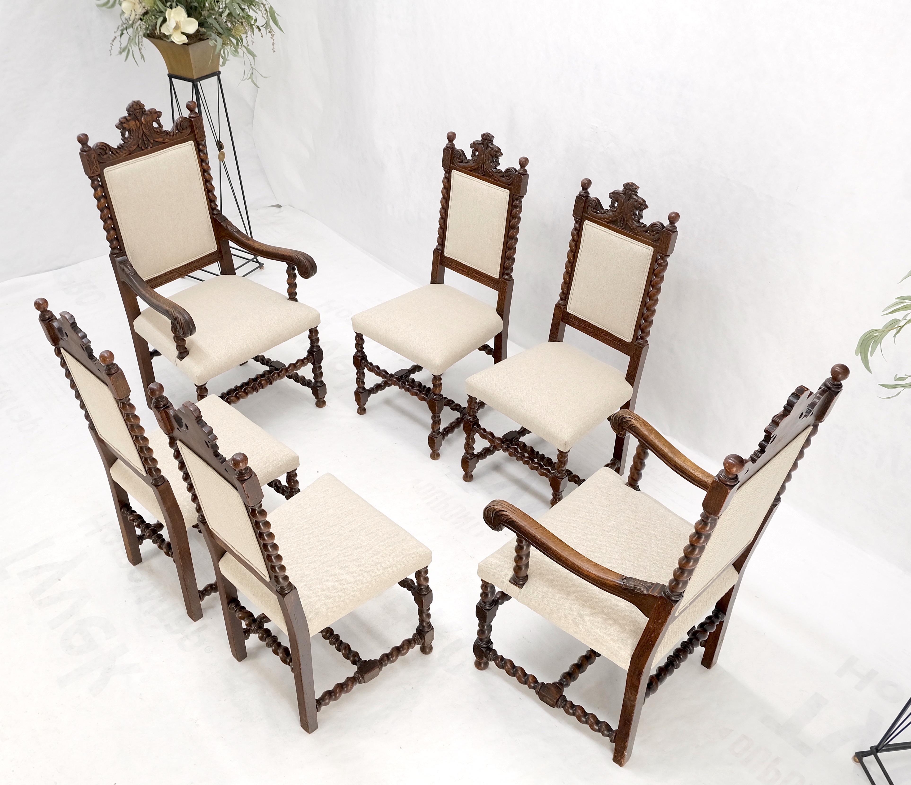 6 Fine Carved Oak Lion Heads Twisted Legs New Upholstery Jacobean Dining Chairs For Sale 8